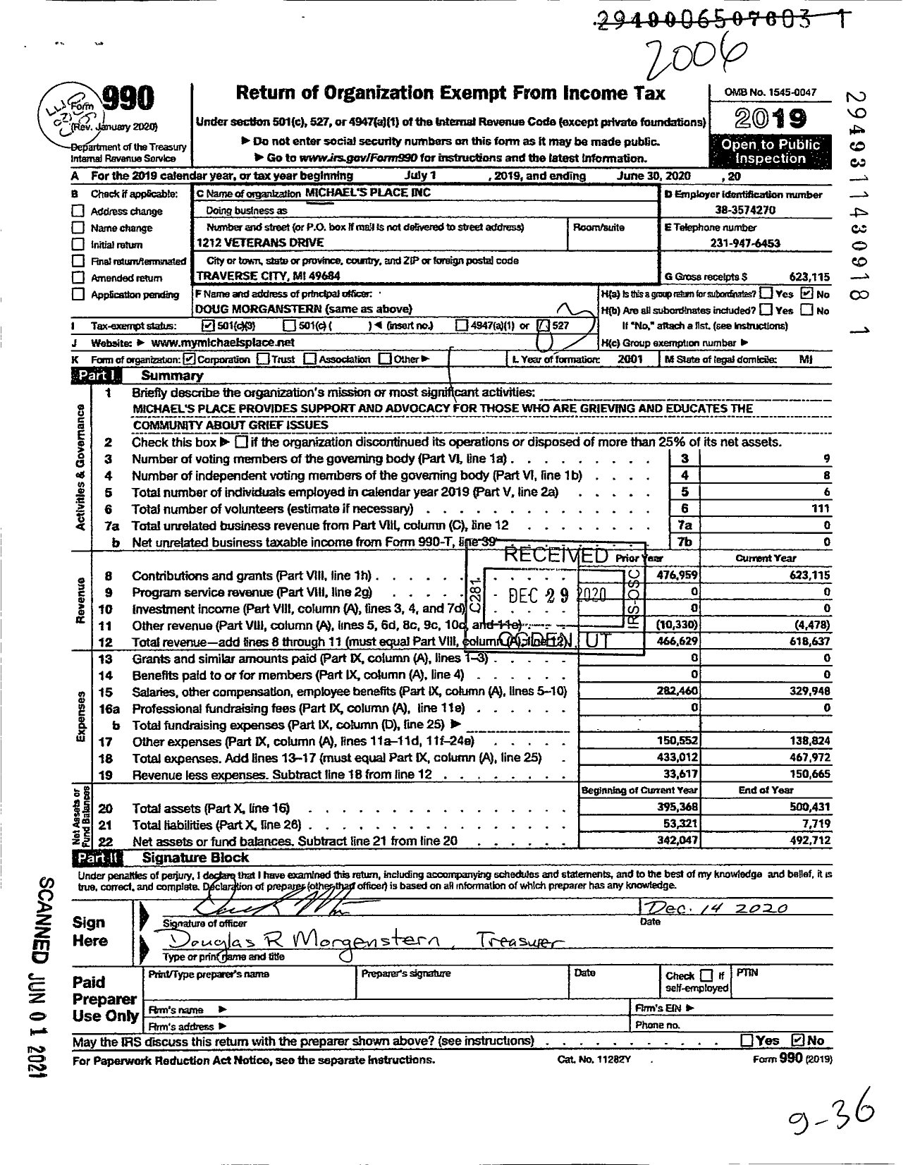 Image of first page of 2019 Form 990 for Michael's Place