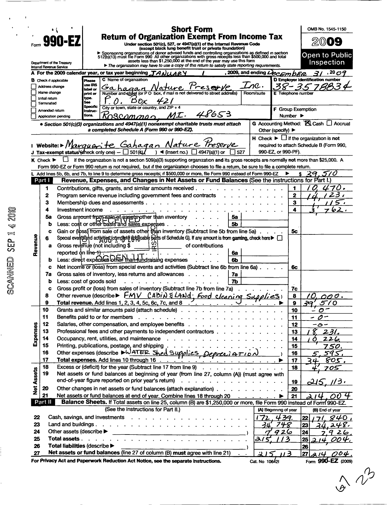 Image of first page of 2009 Form 990EO for Gahagan Nature Preserve