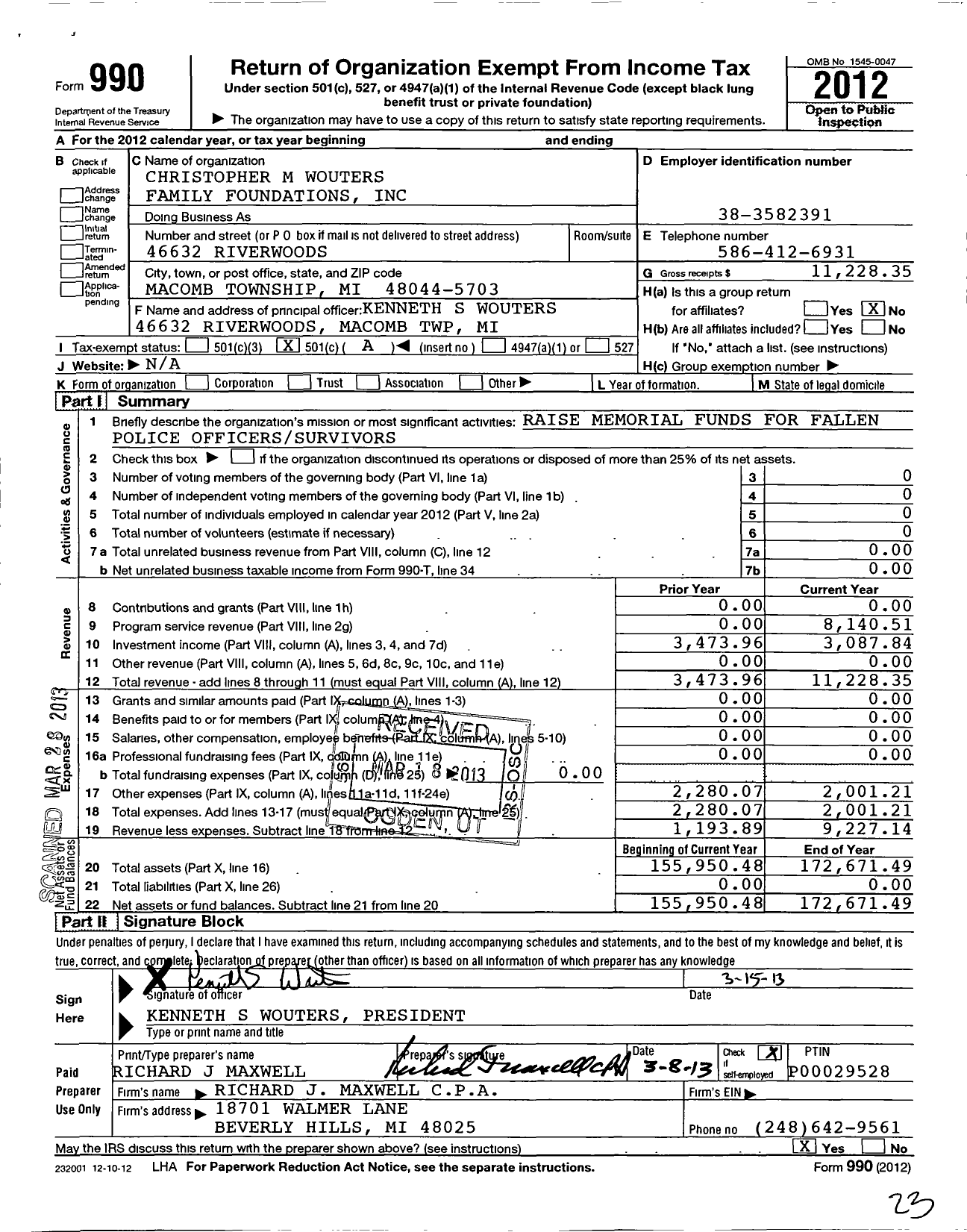 Image of first page of 2012 Form 990O for Christopher M Wouters Family Foundation