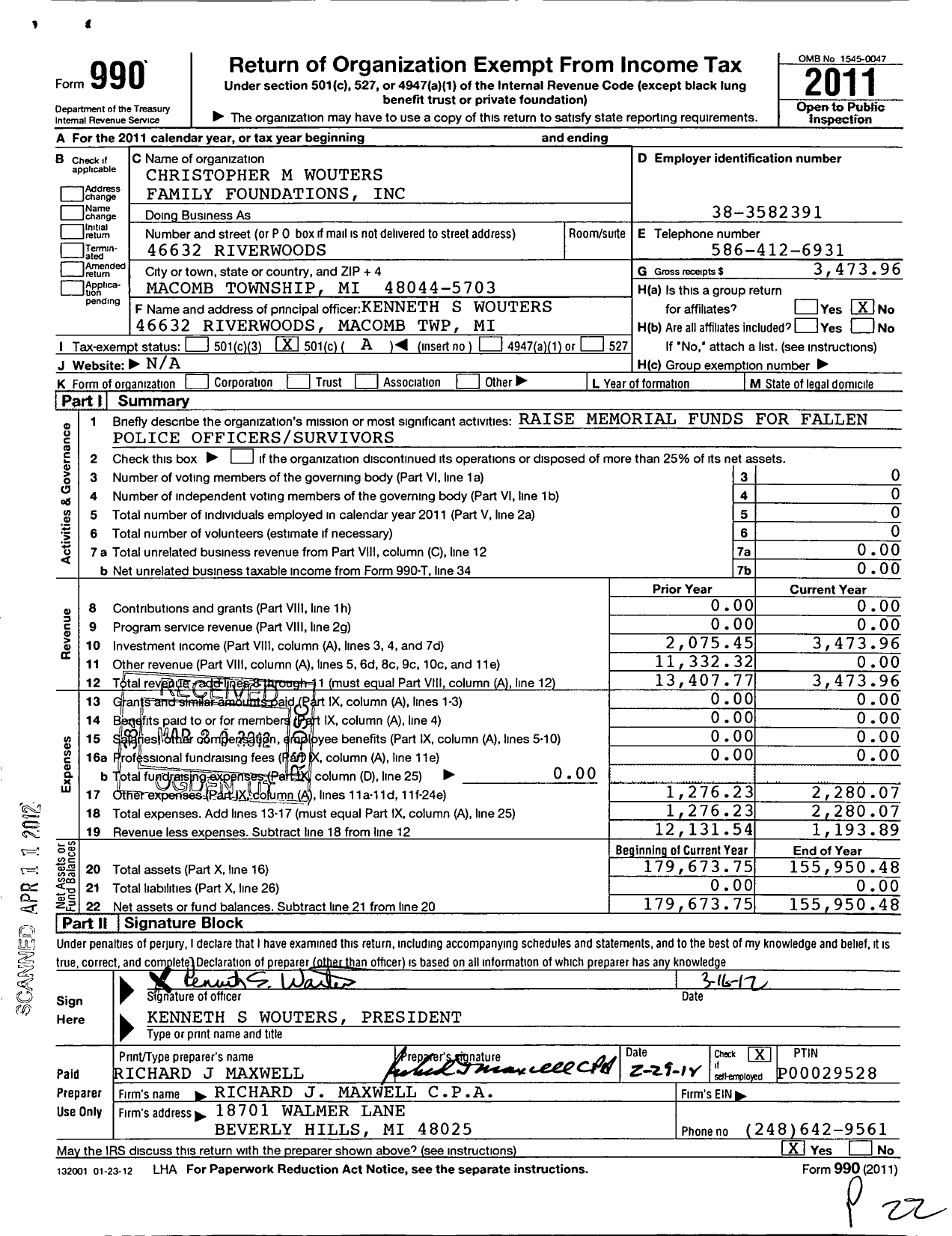 Image of first page of 2011 Form 990O for Christopher M Wouters Family Foundation
