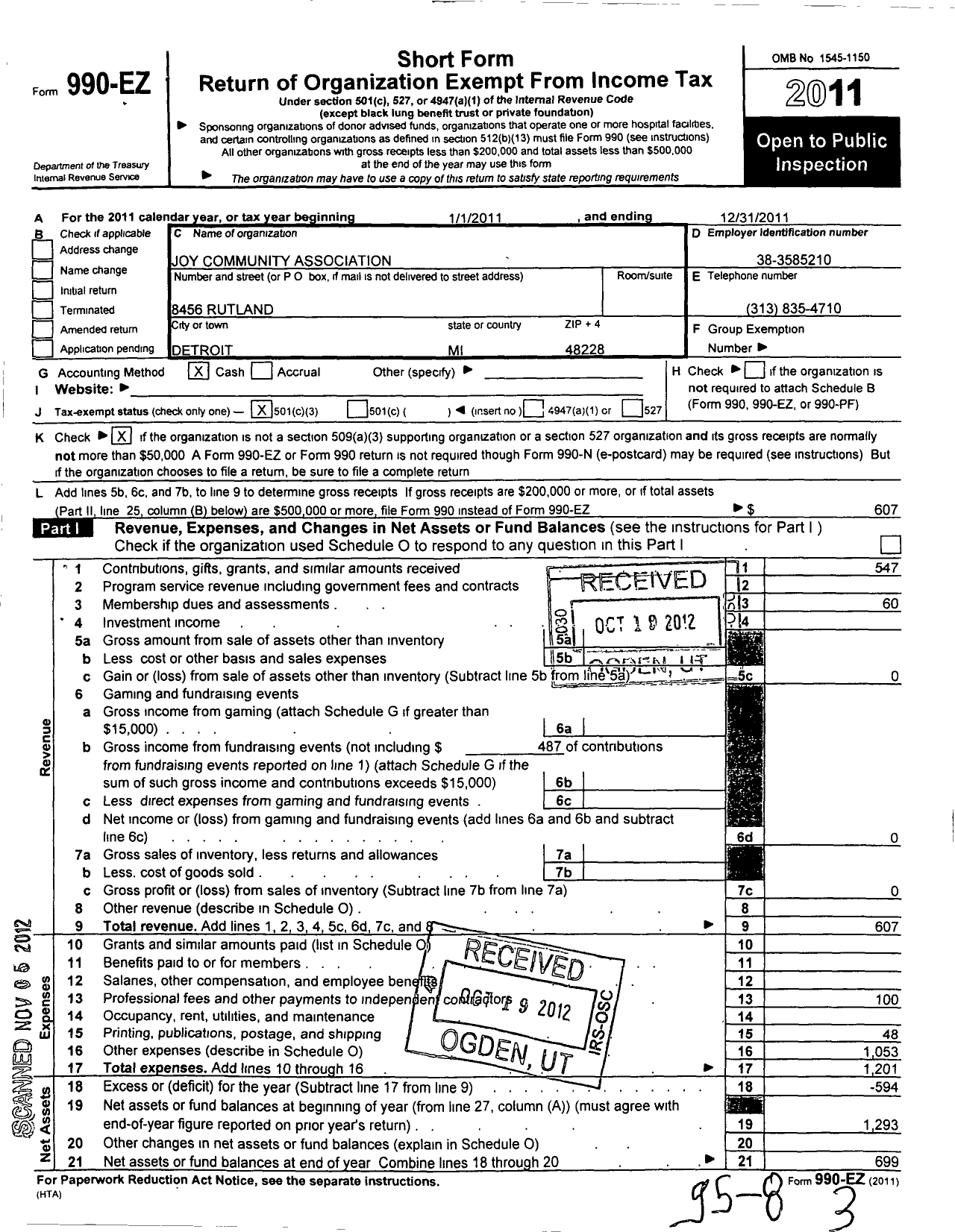 Image of first page of 2011 Form 990EZ for Joy Community Association