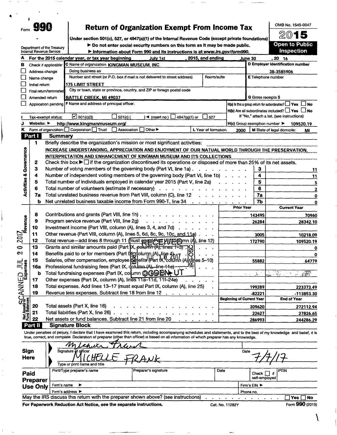 Image of first page of 2015 Form 990 for Kingman Museum