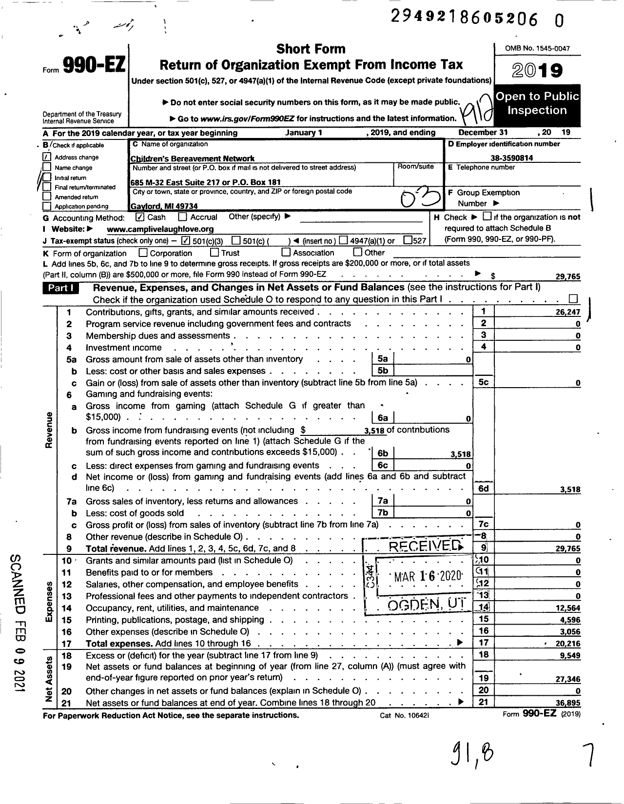 Image of first page of 2019 Form 990EZ for Childrens Bereavement Network