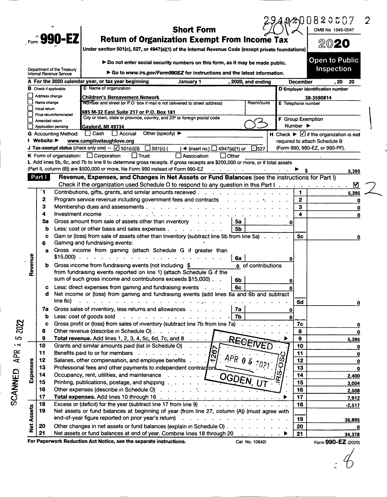 Image of first page of 2020 Form 990EZ for Childrens Bereavement Network