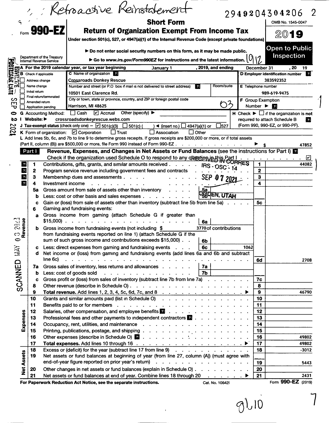 Image of first page of 2019 Form 990EZ for Crossroads Donkey Rescue