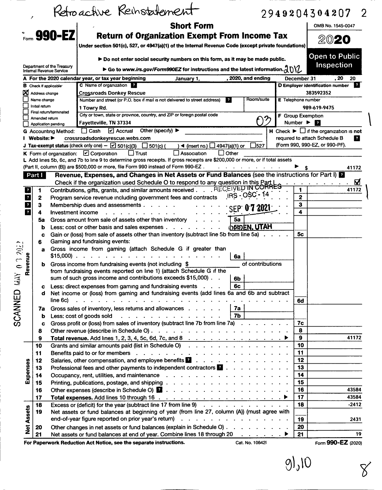 Image of first page of 2020 Form 990EZ for Crossroads Donkey Rescue