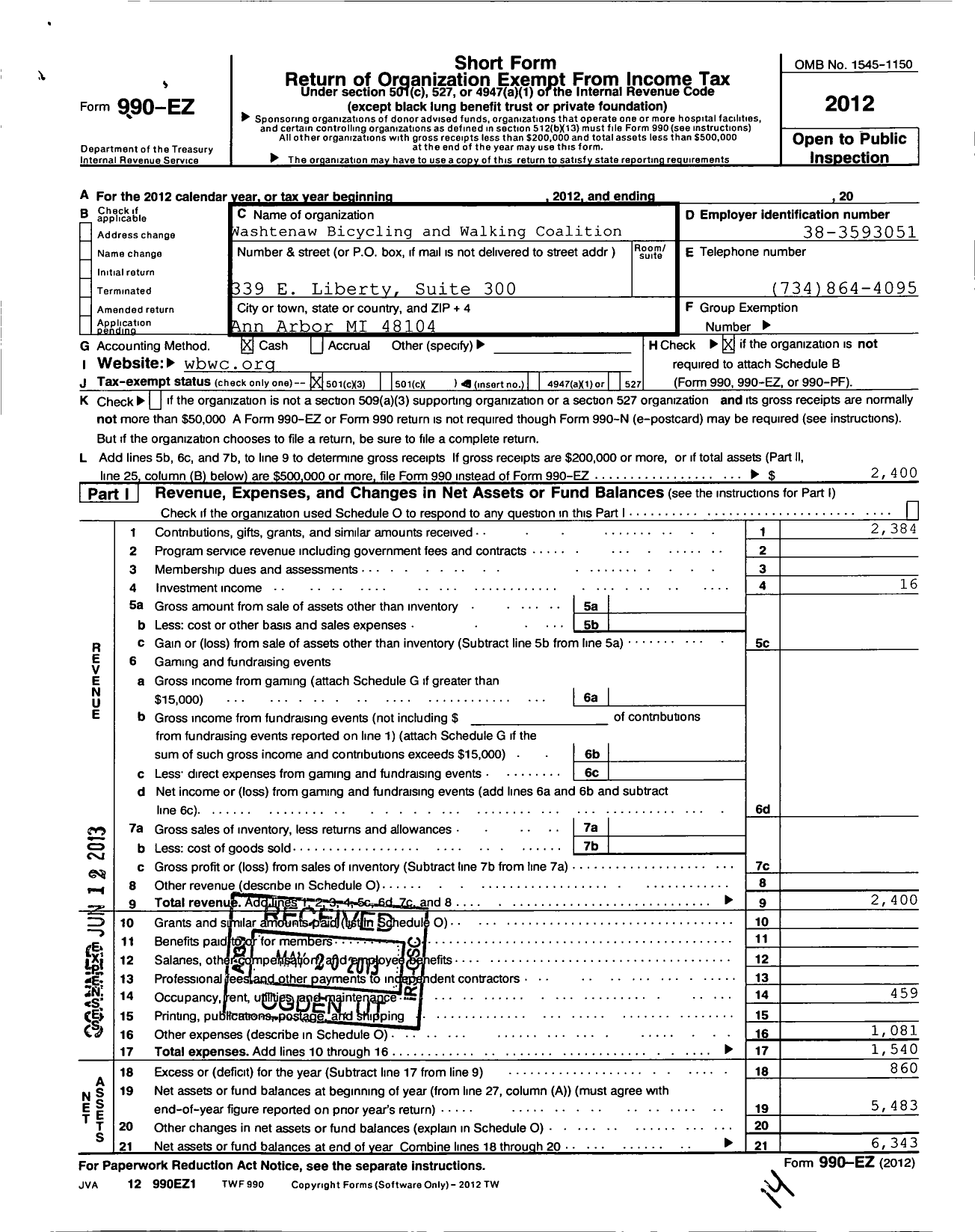 Image of first page of 2012 Form 990EZ for Washtenaw Bicycling and Walking Coalition