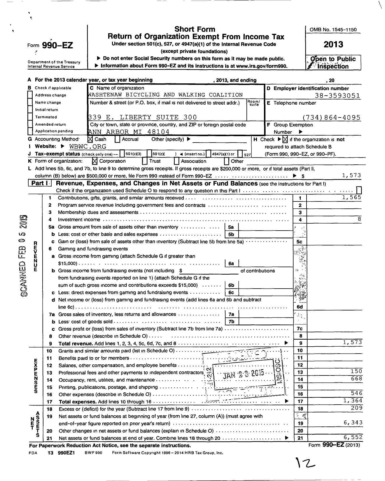 Image of first page of 2013 Form 990EO for Washtenaw Bicycling and Walking Coalition