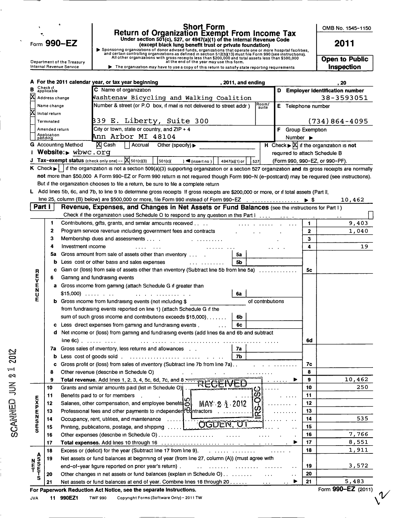 Image of first page of 2011 Form 990EZ for Washtenaw Bicycling and Walking Coalition