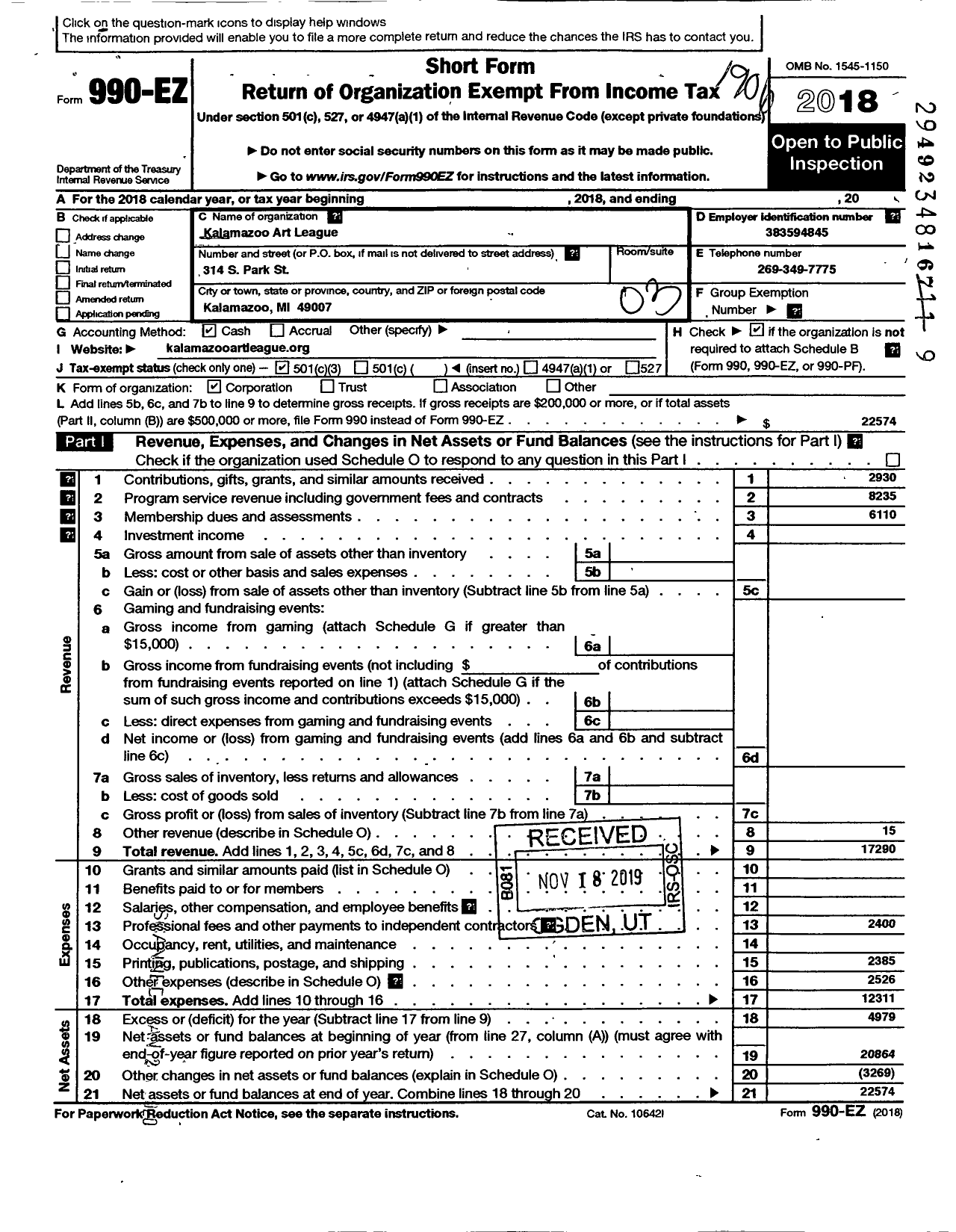 Image of first page of 2018 Form 990EZ for Kalamazoo Art League