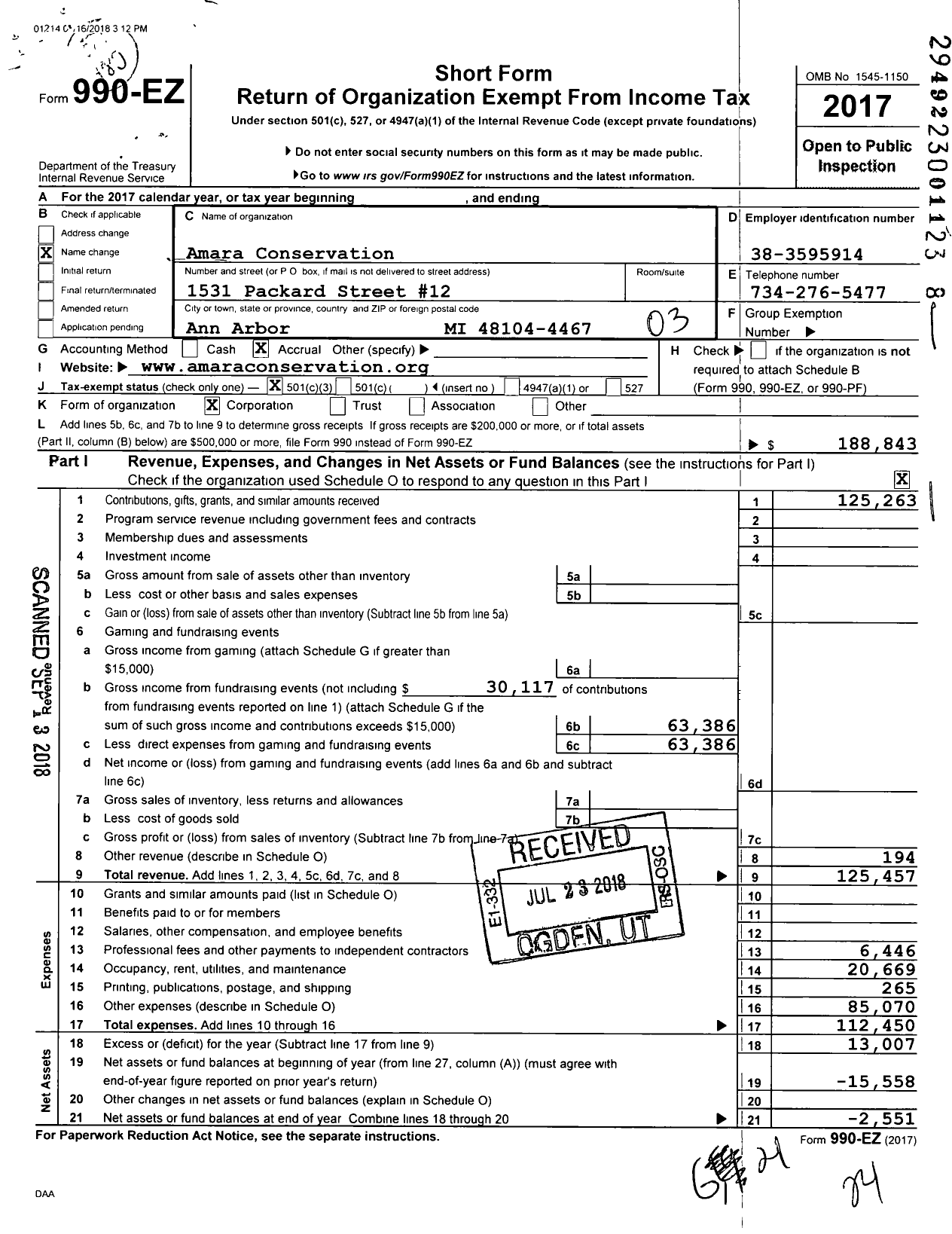 Image of first page of 2017 Form 990EZ for Amara Conservation