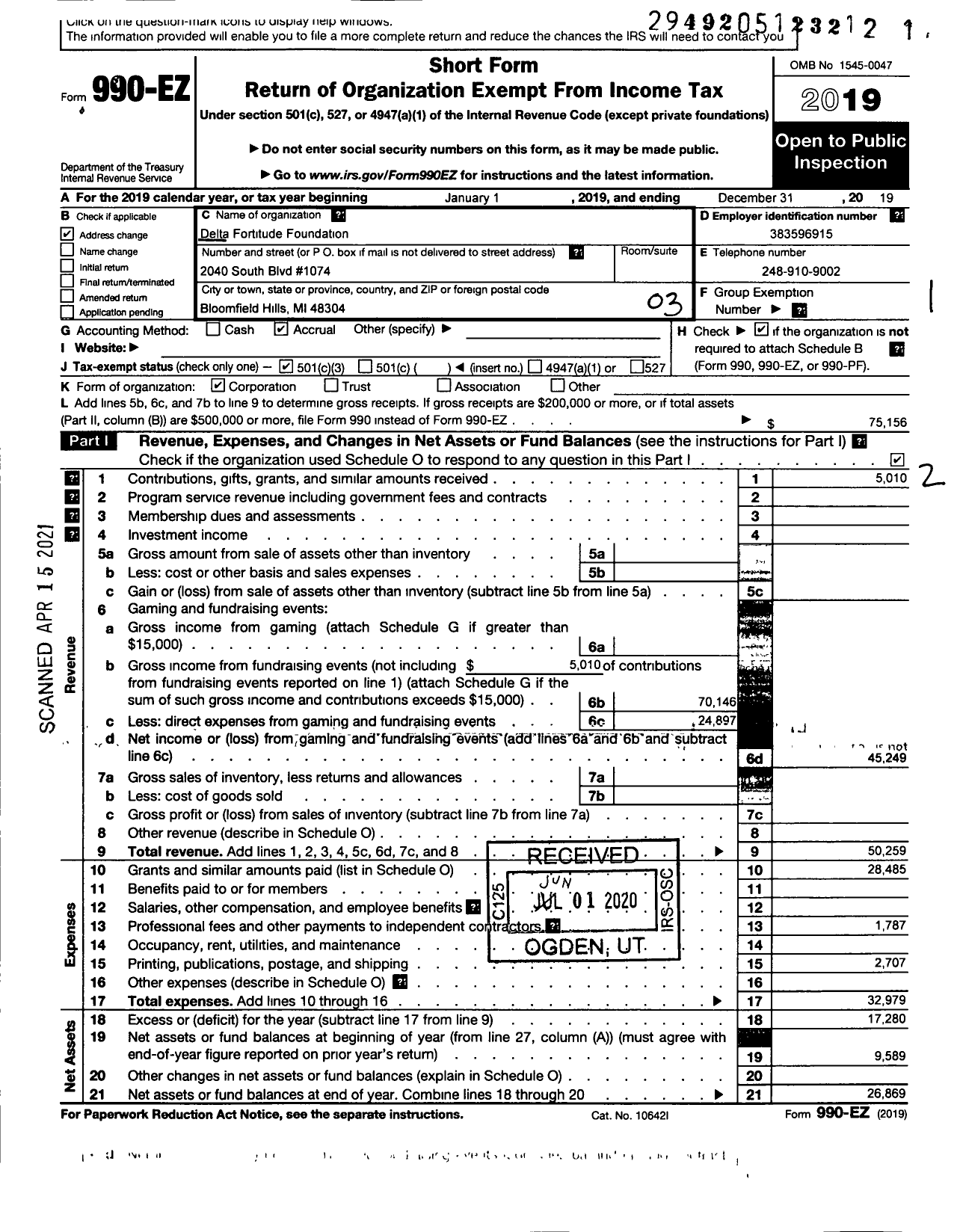 Image of first page of 2019 Form 990EZ for Delta Fortitude Foundation