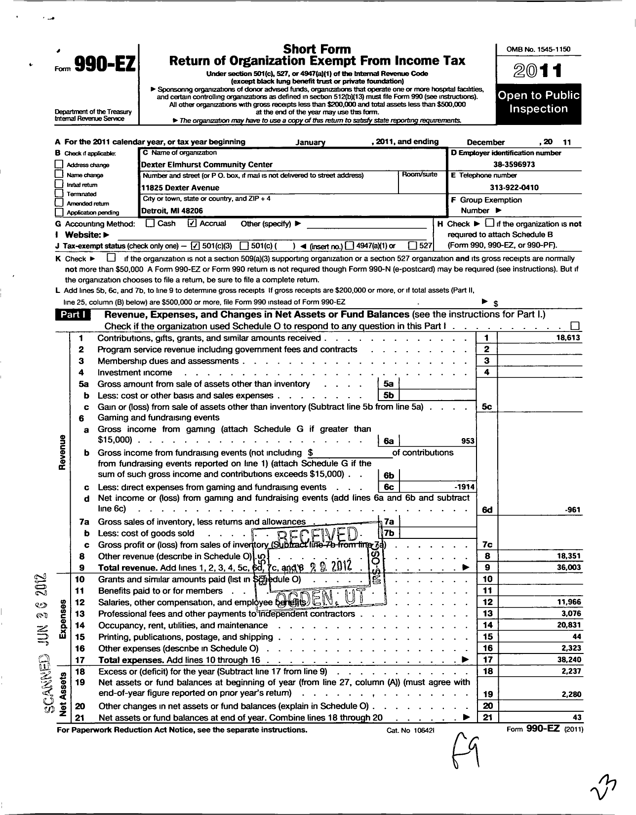 Image of first page of 2011 Form 990EZ for Dexter Elmhurst Community Center