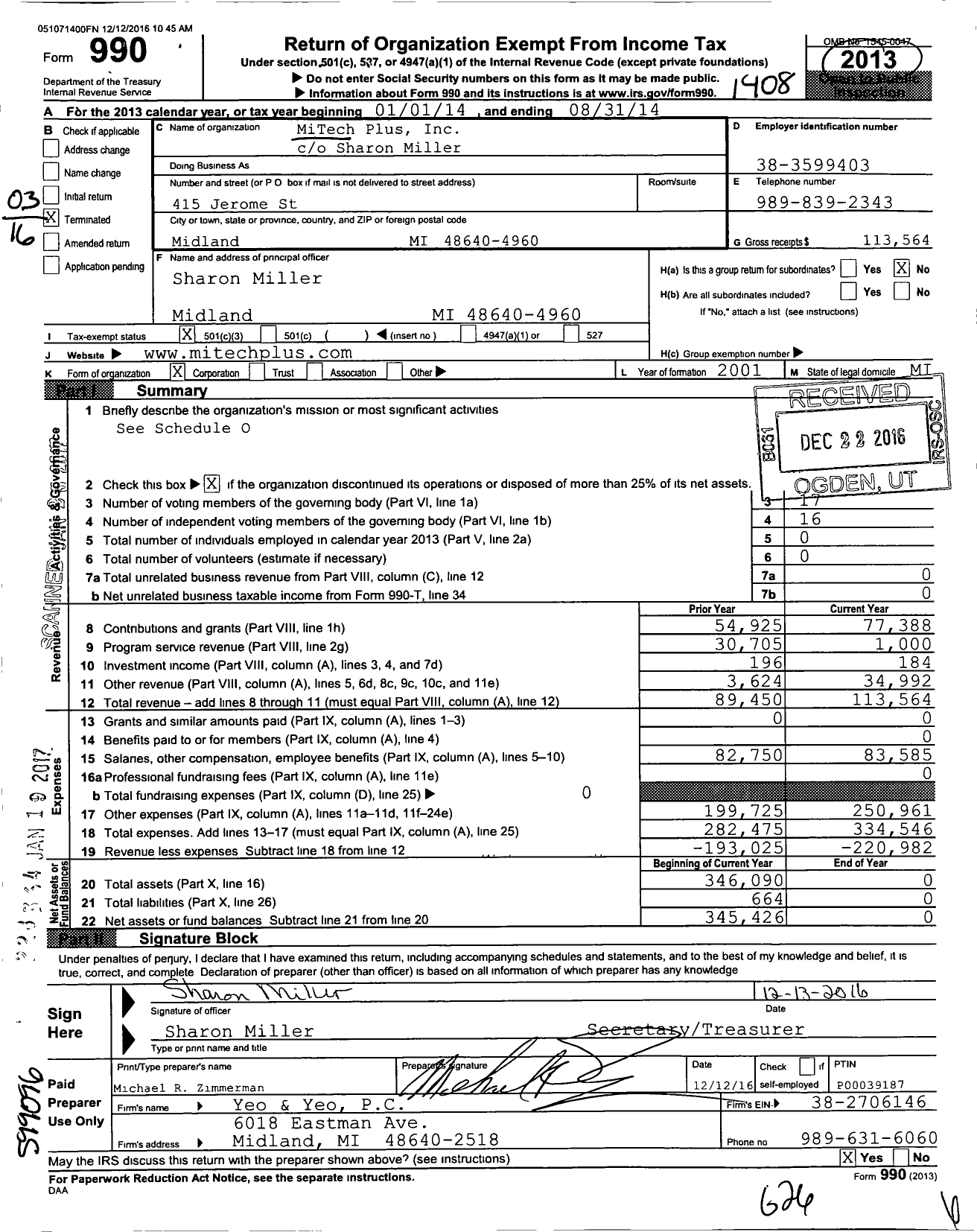 Image of first page of 2013 Form 990 for Mitech Plus