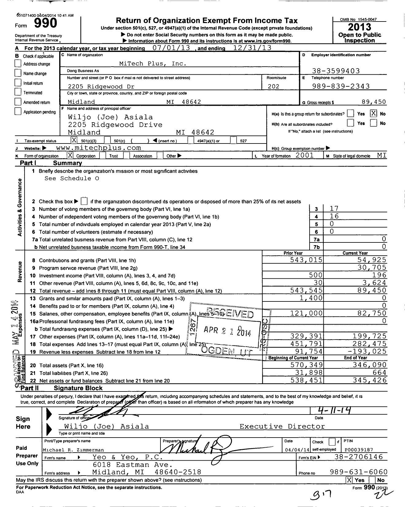 Image of first page of 2013 Form 990 for Mitech Plus