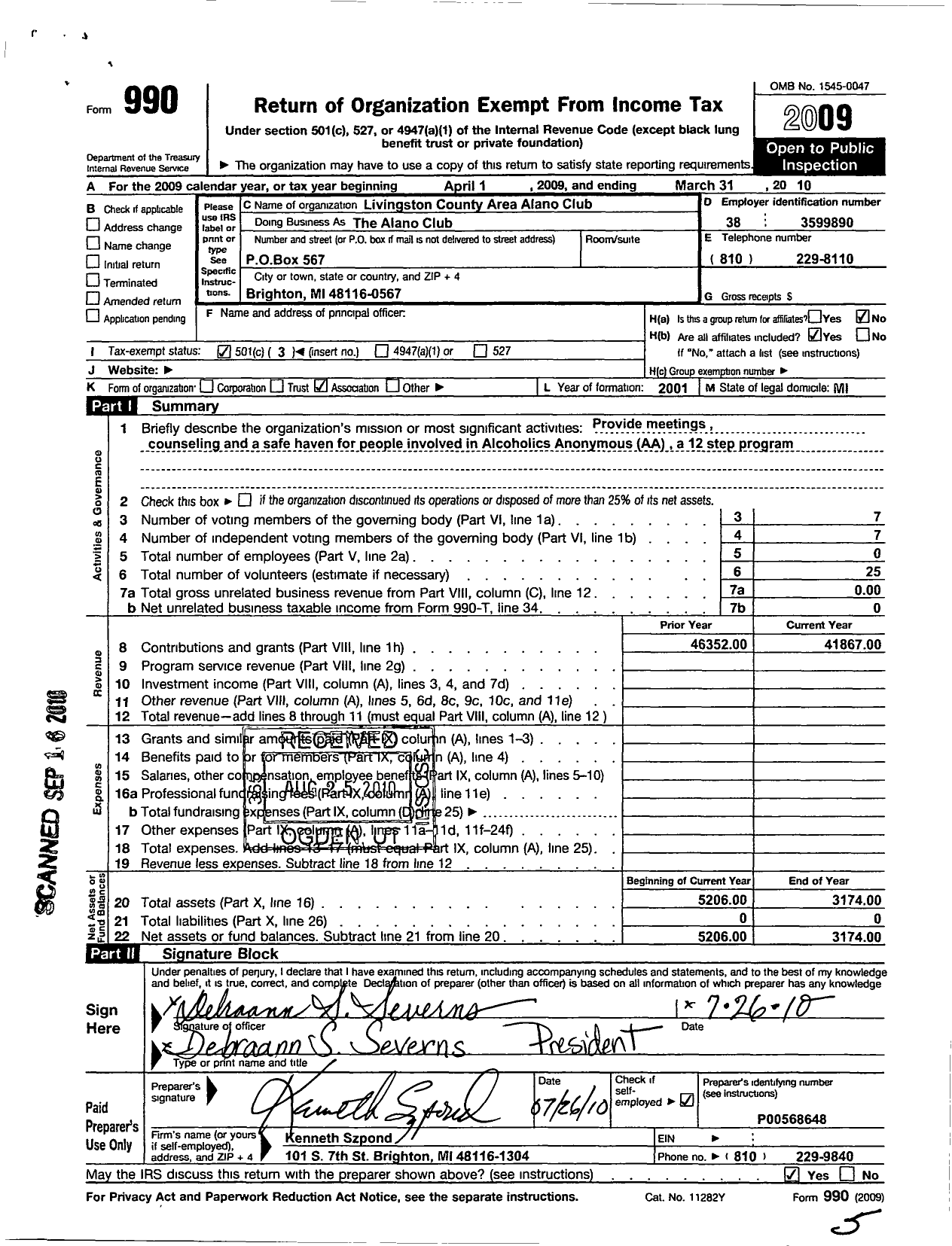 Image of first page of 2009 Form 990 for Livingston County Area Alano Club