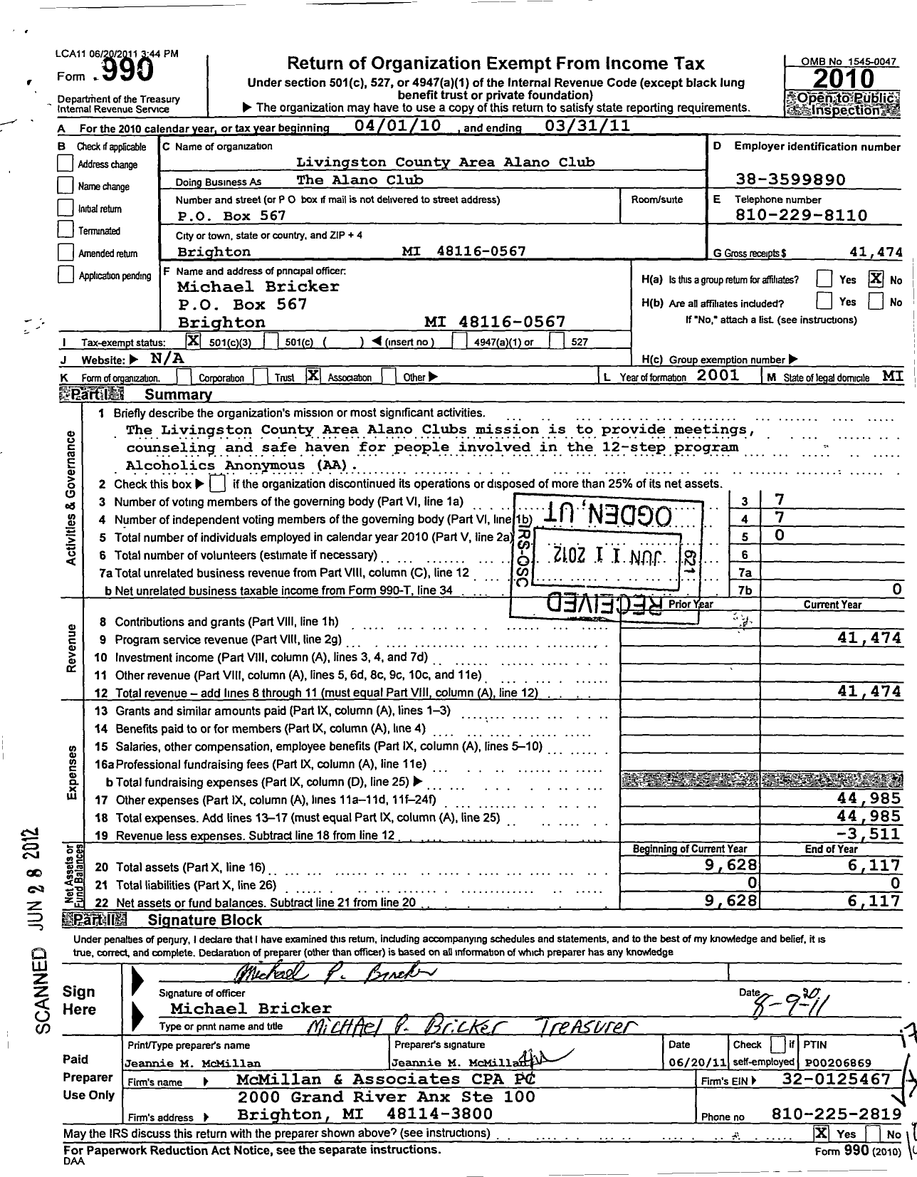 Image of first page of 2010 Form 990 for Livingston County Area Alano Club