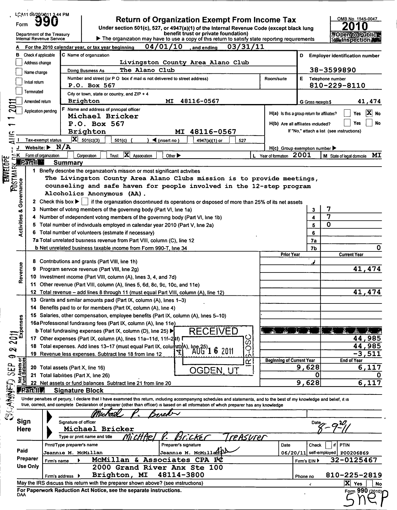 Image of first page of 2010 Form 990 for Livingston County Area Alano Club