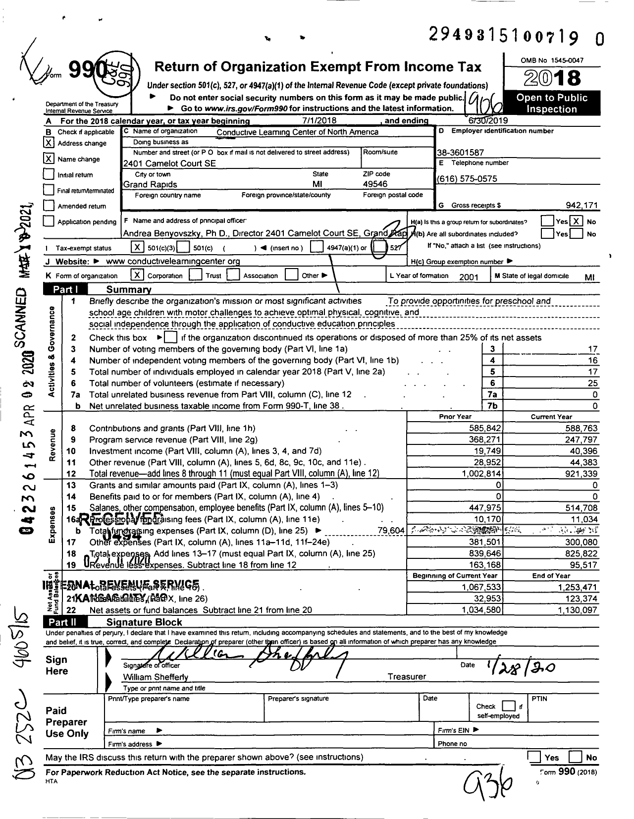 Image of first page of 2018 Form 990 for Conductive Learning Center of North America