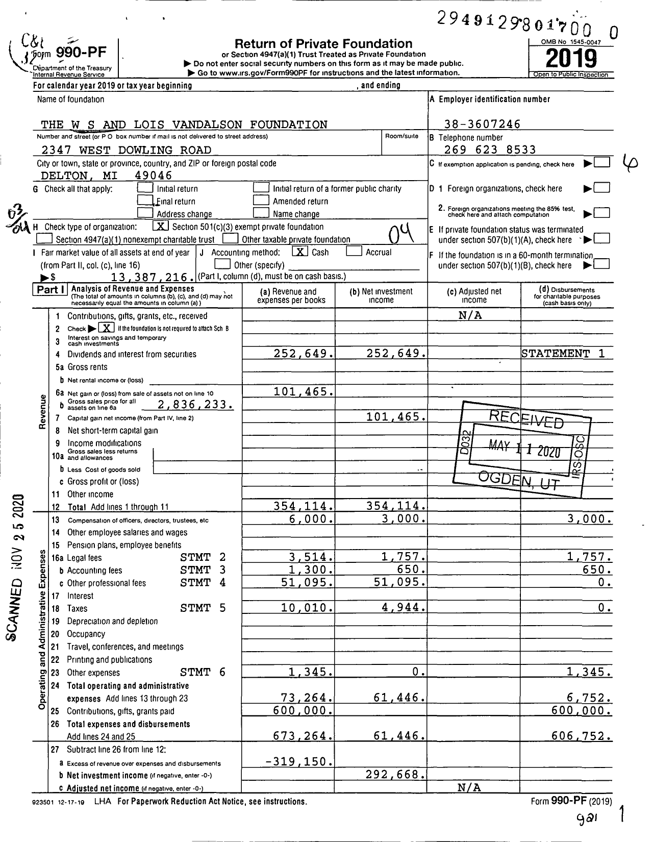 Image of first page of 2019 Form 990PF for WS and Lois Vandalson Foundation