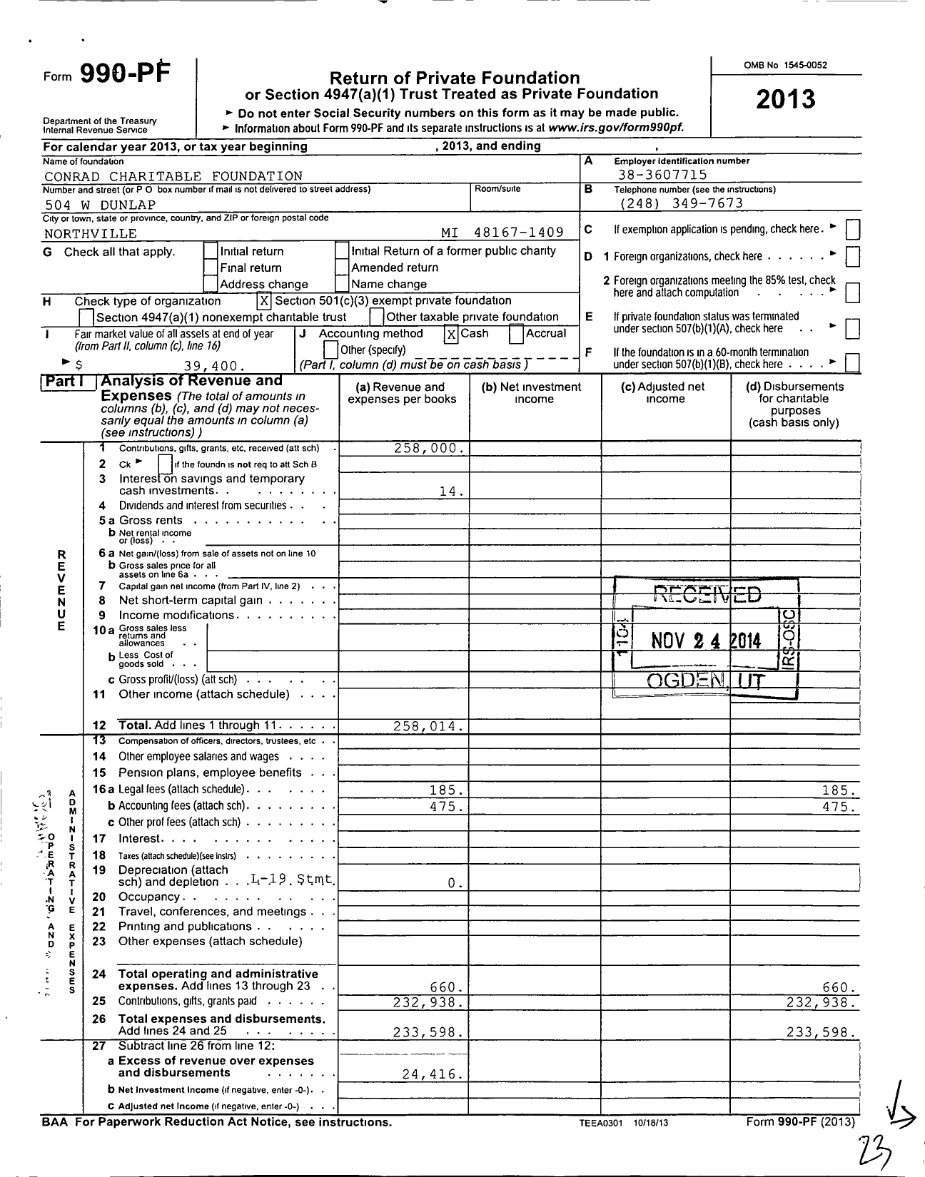 Image of first page of 2013 Form 990PF for Conrad Charitable Foundation