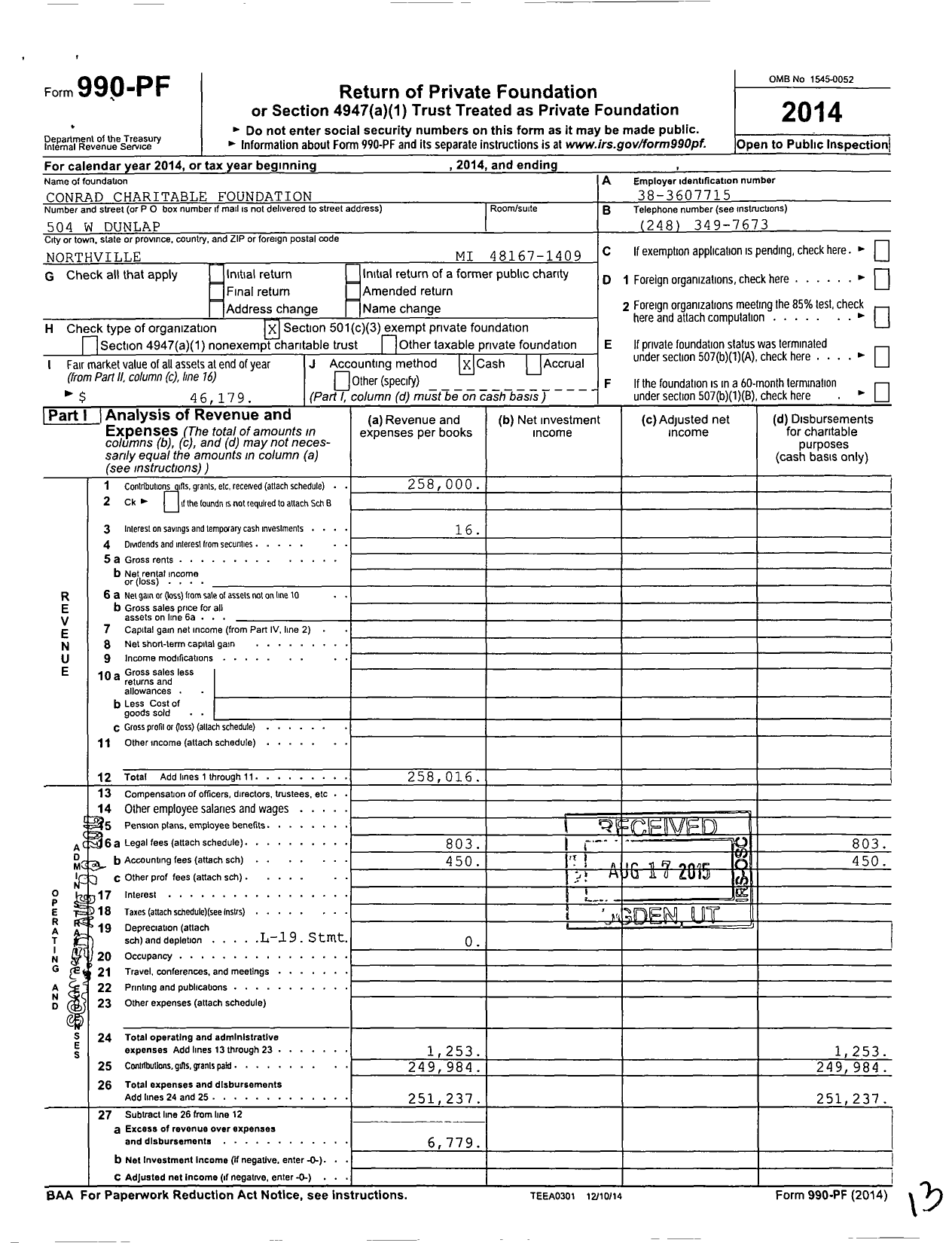 Image of first page of 2014 Form 990PF for Conrad Charitable Foundation