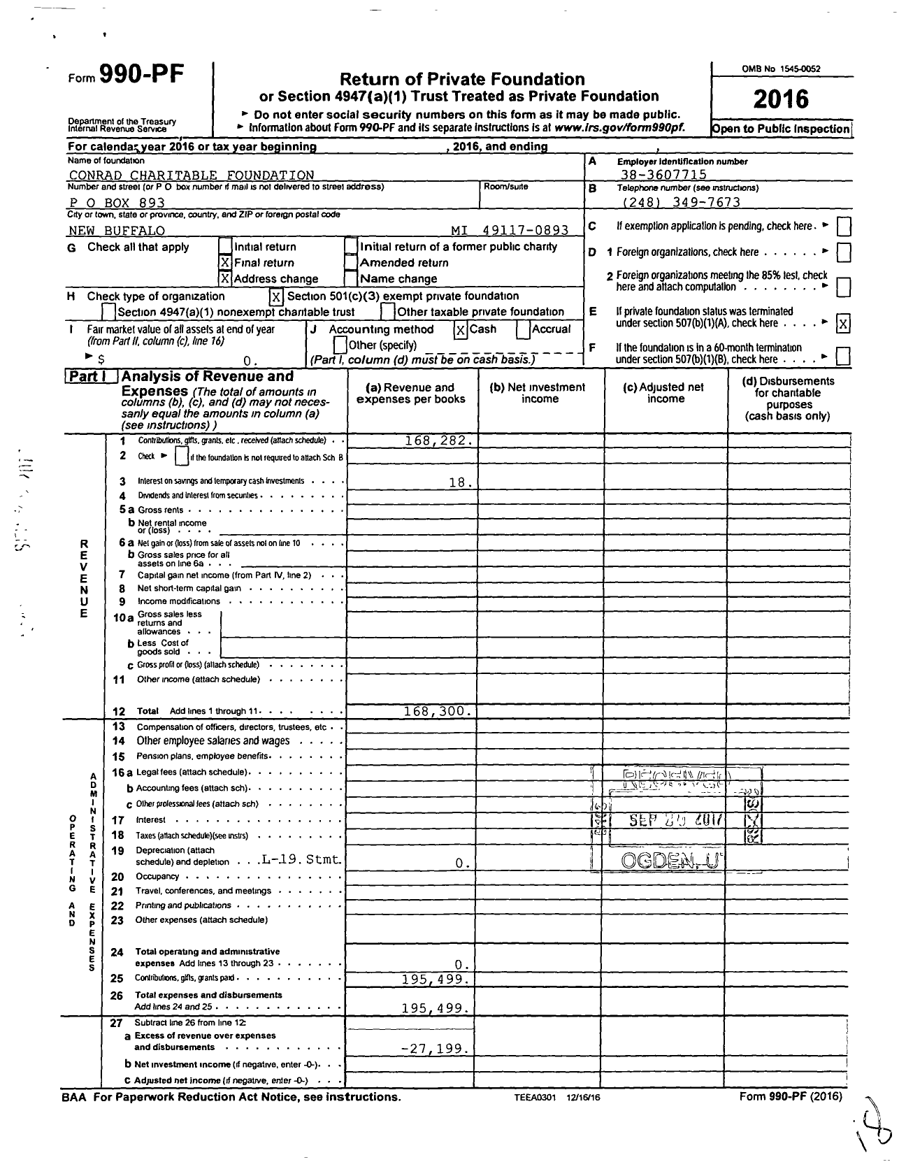 Image of first page of 2016 Form 990PF for Conrad Charitable Foundation