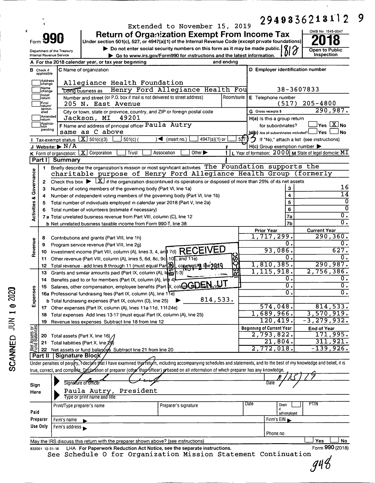 Image of first page of 2018 Form 990 for Henry Ford Allegiance Health Foundation