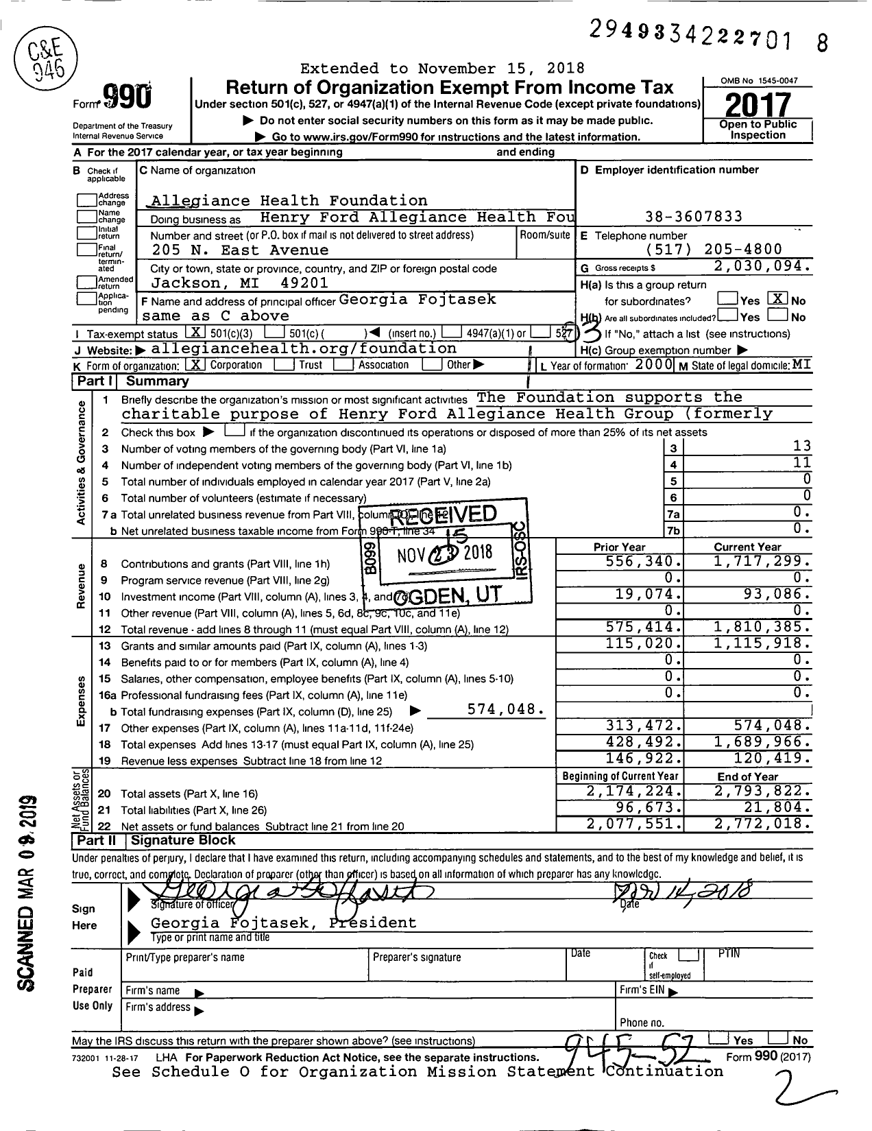 Image of first page of 2017 Form 990 for Henry Ford Allegiance Health Foundation