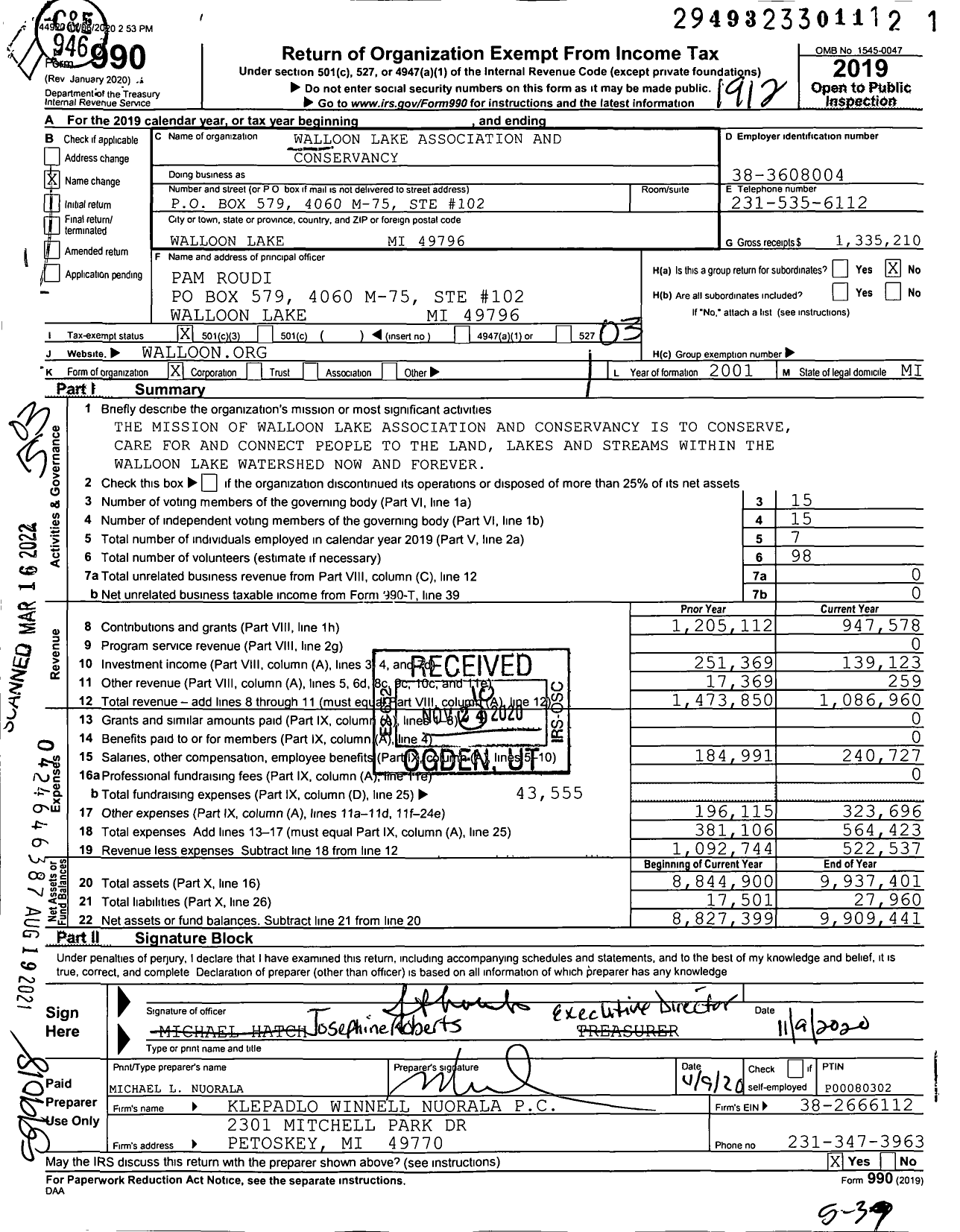 Image of first page of 2019 Form 990 for Walloon Lake Association and Conservancy