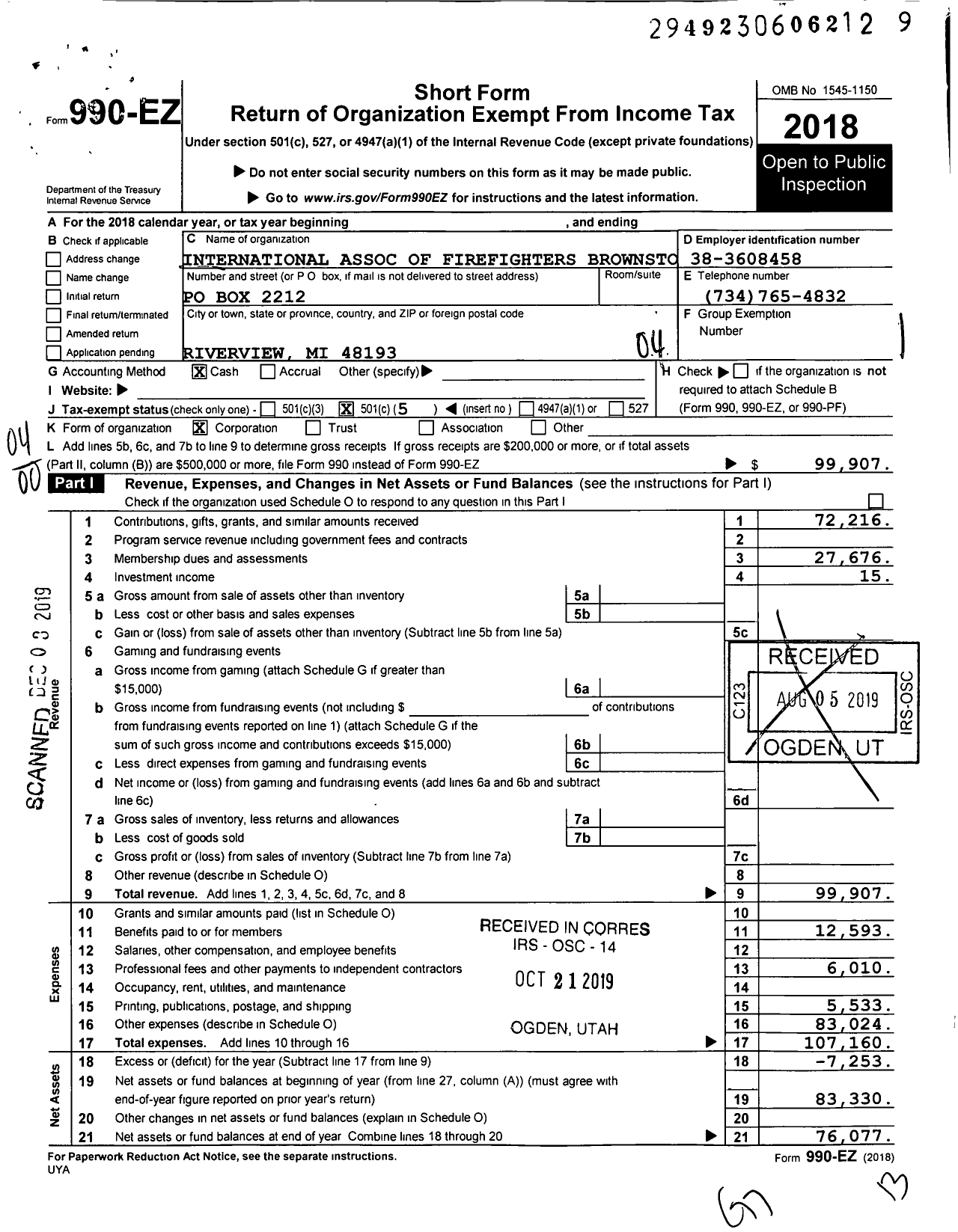 Image of first page of 2018 Form 990EO for International Association of Firefighters Brownstown L4112