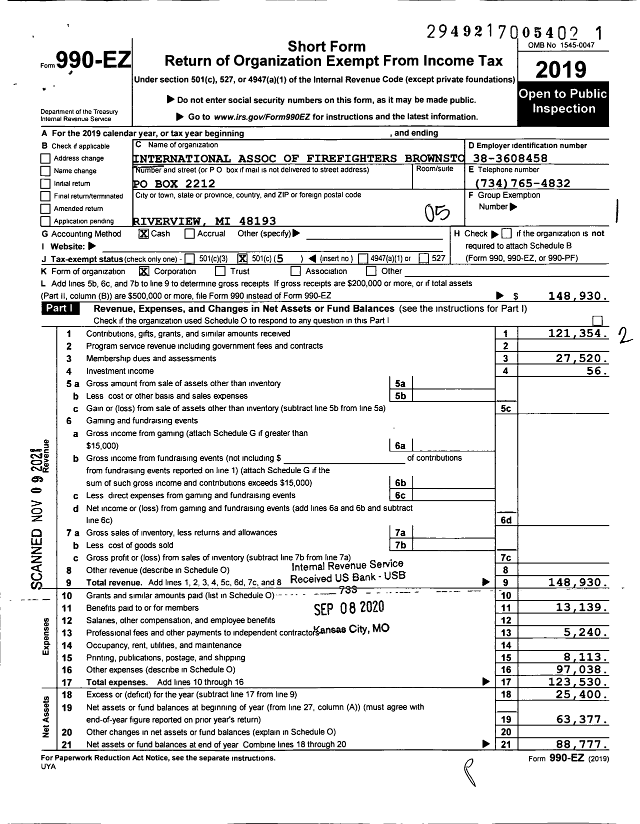 Image of first page of 2019 Form 990EO for International Association of Firefighters Brownstown L4112