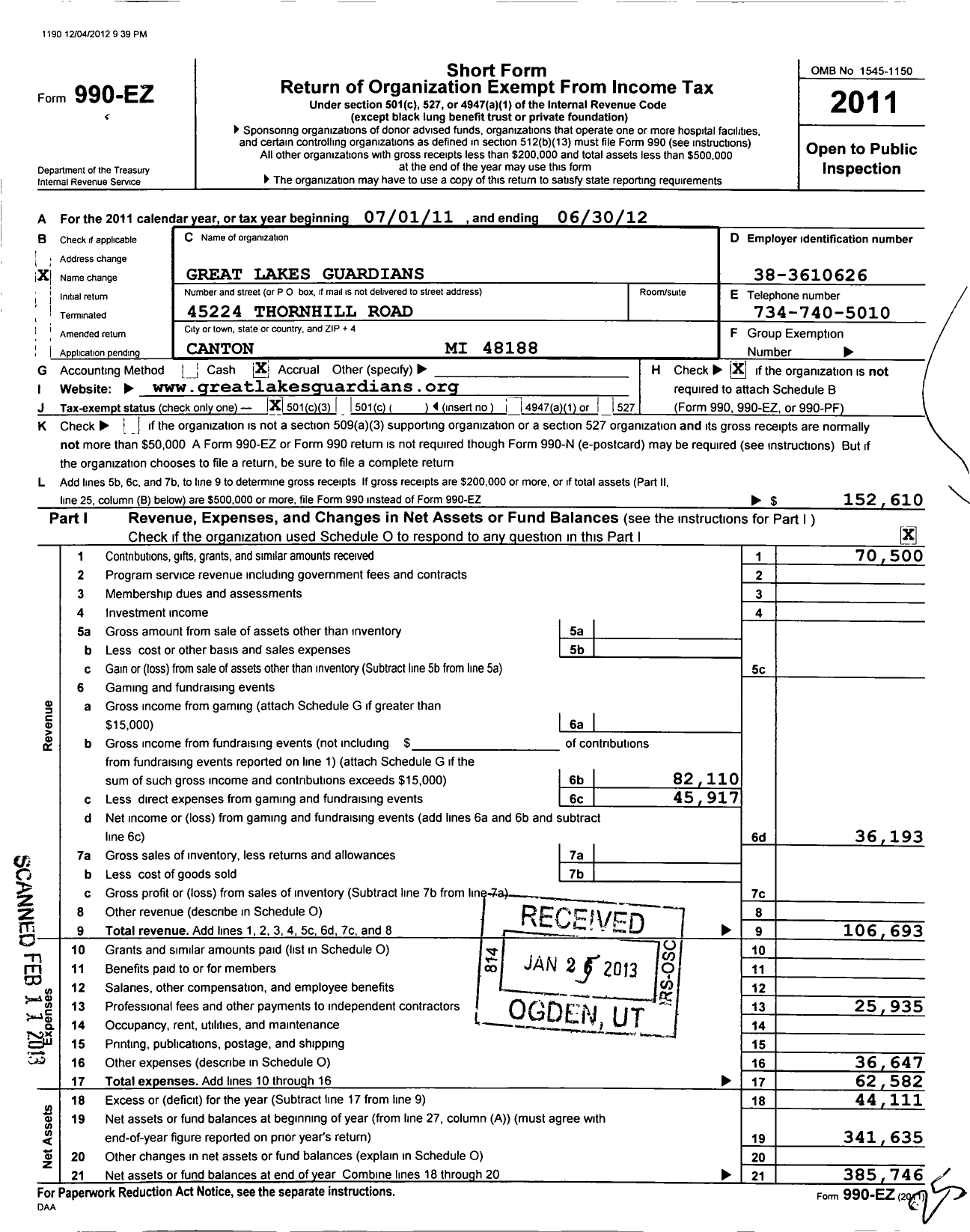 Image of first page of 2011 Form 990EZ for Great Lakes Guardians