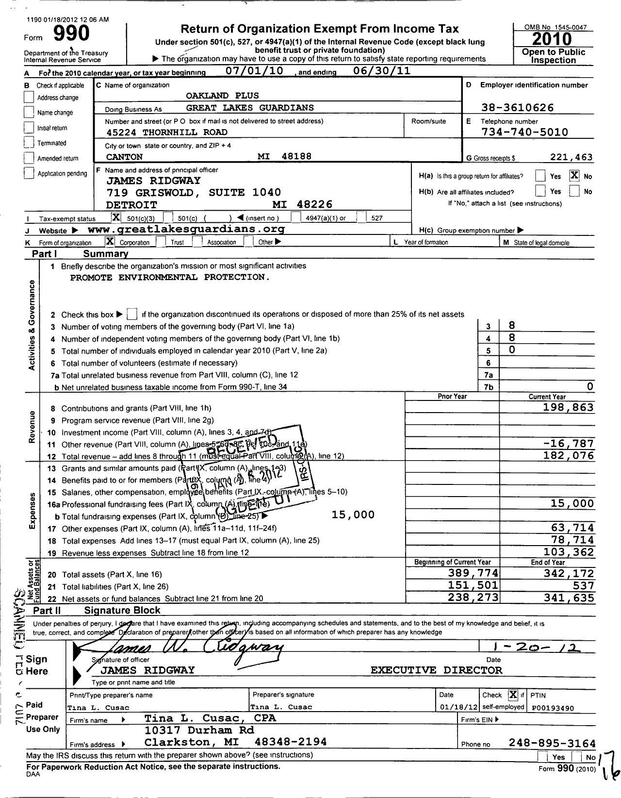 Image of first page of 2010 Form 990 for Great Lakes Guardians