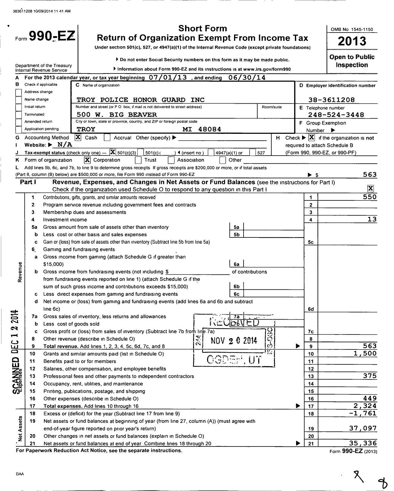 Image of first page of 2013 Form 990EZ for Troy Police Honor Guard