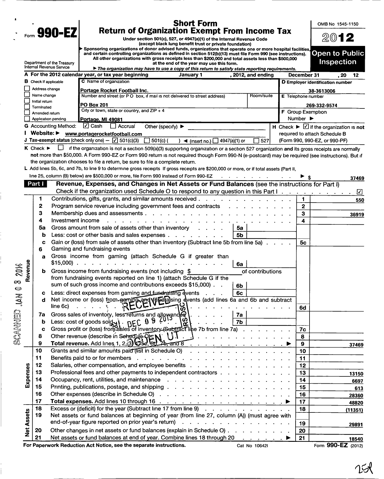 Image of first page of 2012 Form 990EZ for Portage Rocket Football Portage Rocket Football