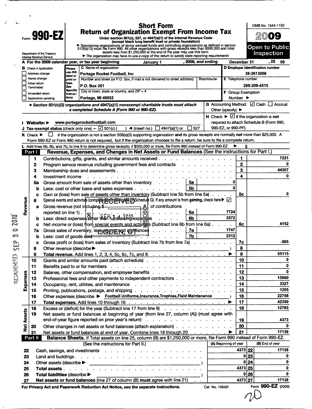 Image of first page of 2009 Form 990EO for Portage Rocket Football Portage Rocket Football