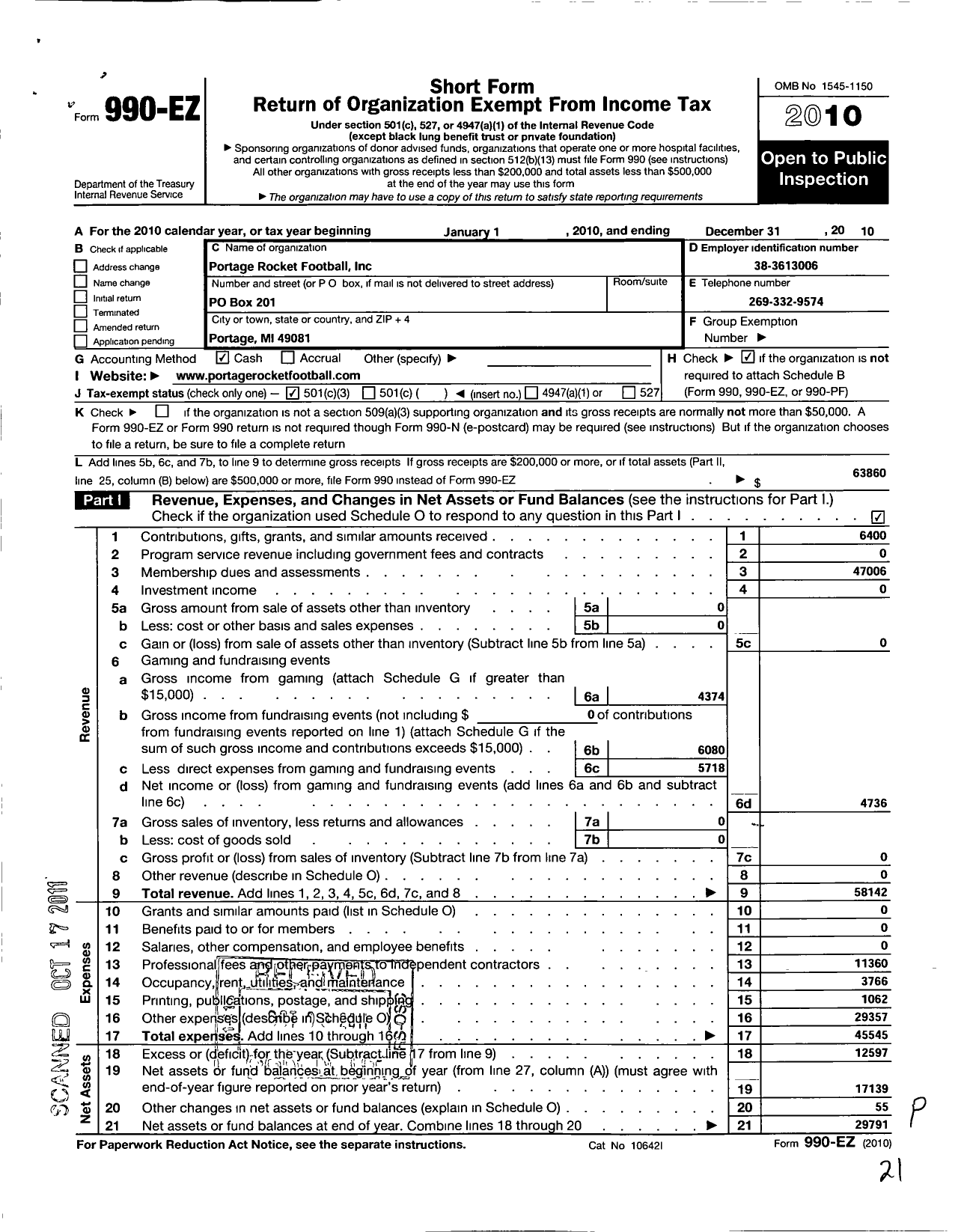 Image of first page of 2010 Form 990EZ for Portage Rocket Football Portage Rocket Football