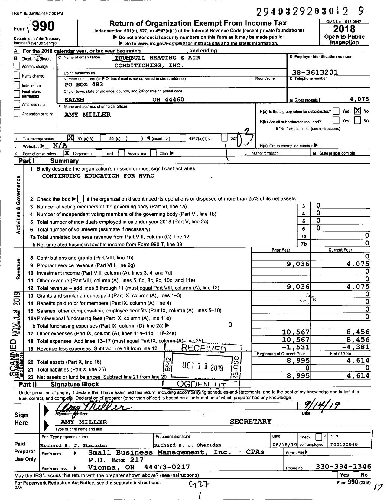 Image of first page of 2018 Form 990 for Trumbull Heating and Air Conditioning