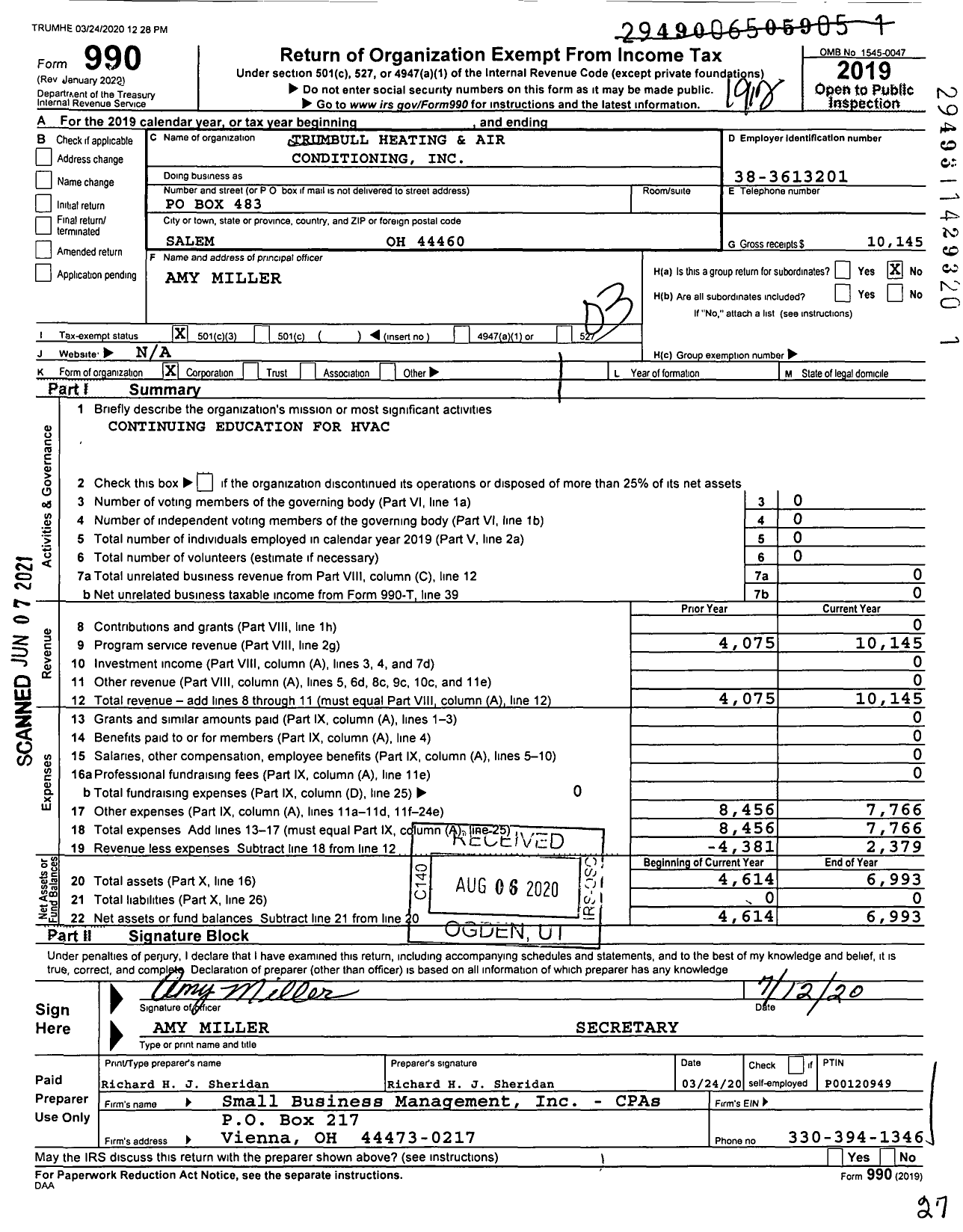 Image of first page of 2019 Form 990 for Trumbull Heating and Air Conditioning