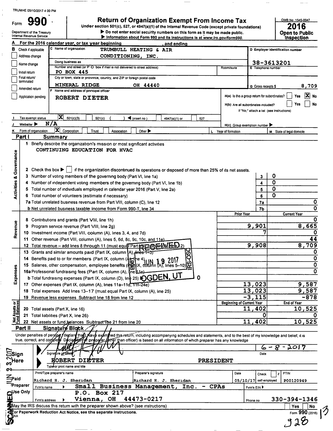 Image of first page of 2016 Form 990 for Trumbull Heating and Air Conditioning