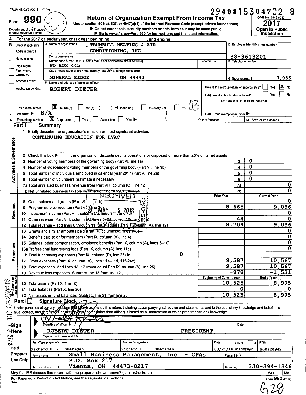 Image of first page of 2017 Form 990 for Trumbull Heating and Air Conditioning