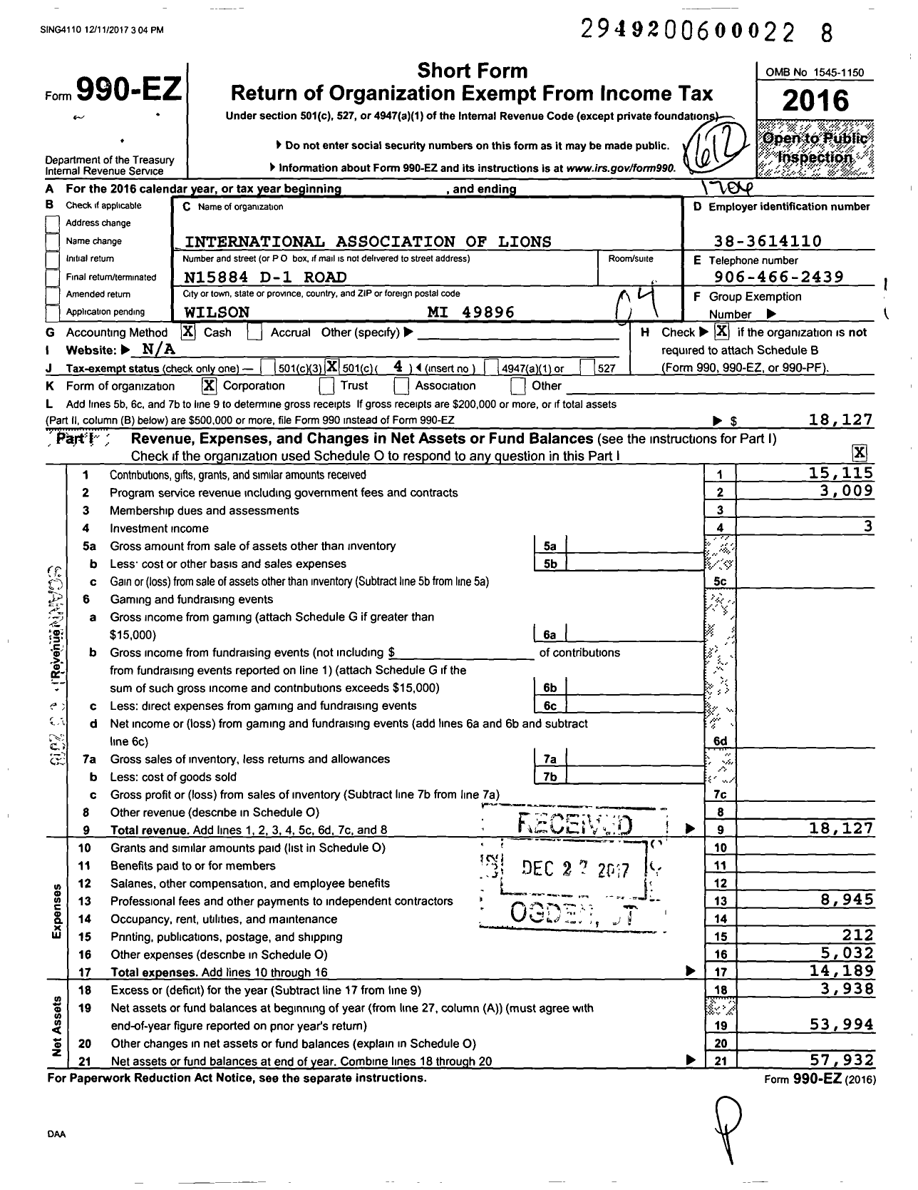 Image of first page of 2016 Form 990EO for Lions Clubs - 10 District