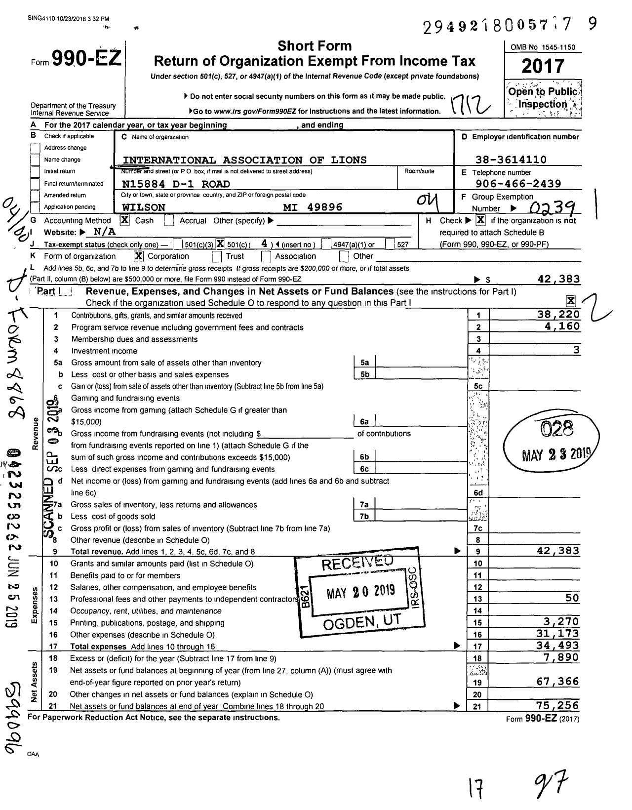 Image of first page of 2017 Form 990EO for Lions Clubs - 10 District