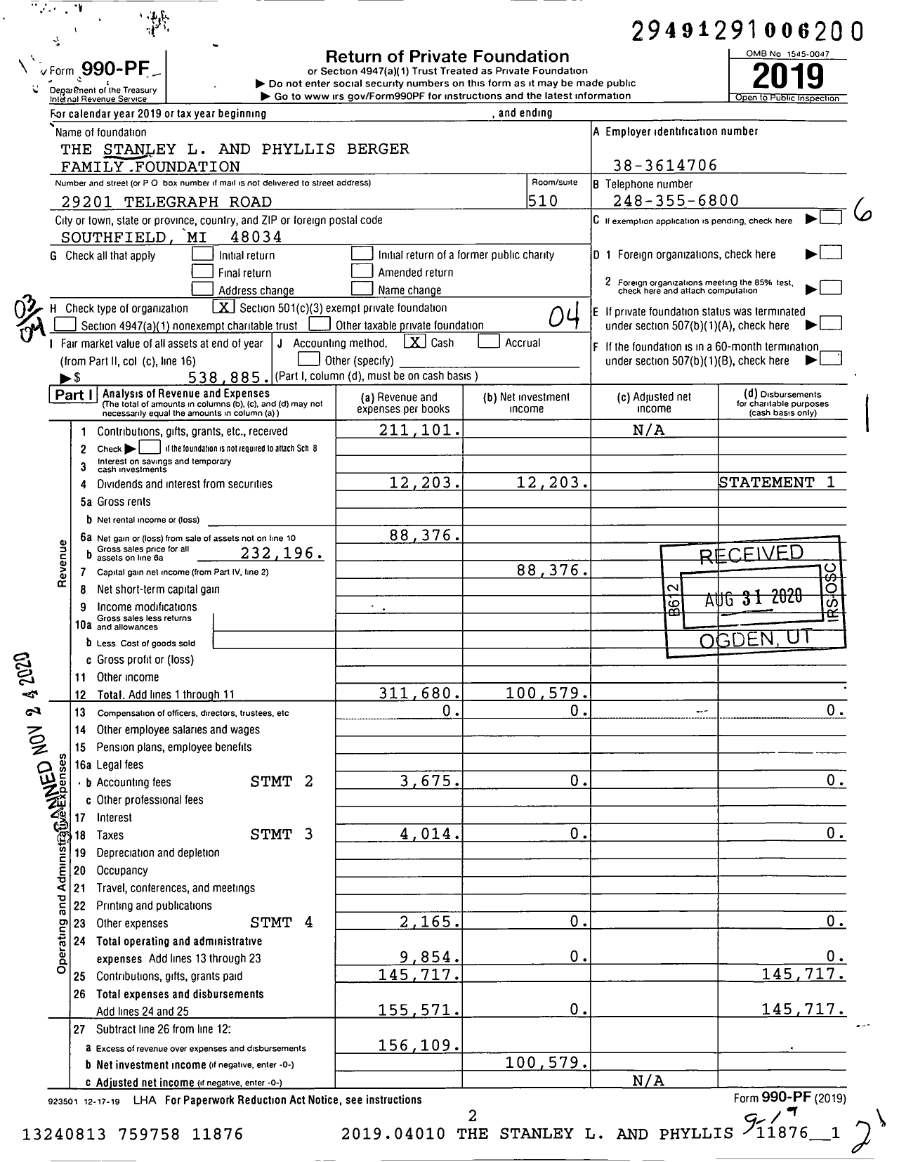 Image of first page of 2019 Form 990PF for The Stanley L and Phyllis Berger Family Foundation