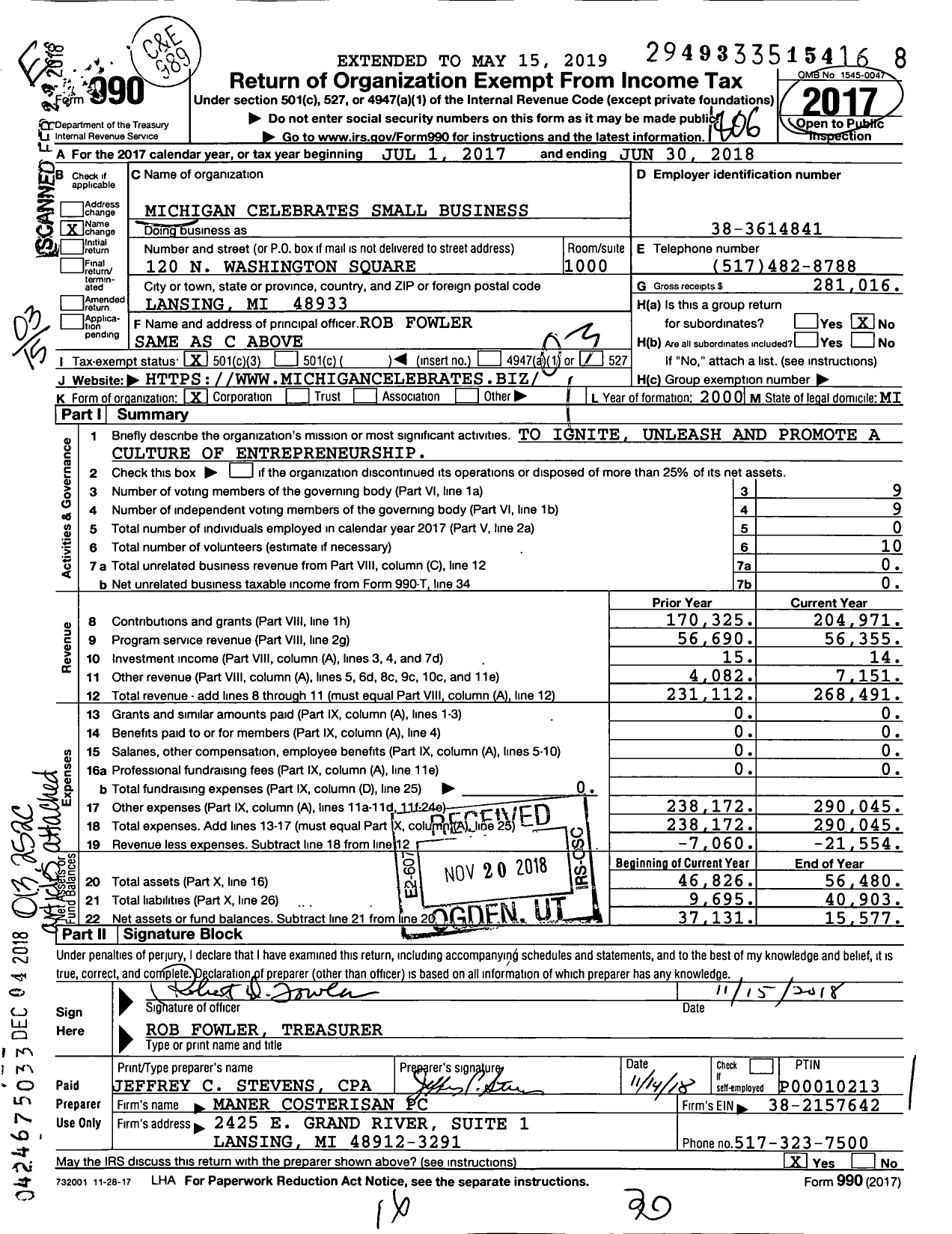 Image of first page of 2017 Form 990 for Michigan Celebrates Small Business