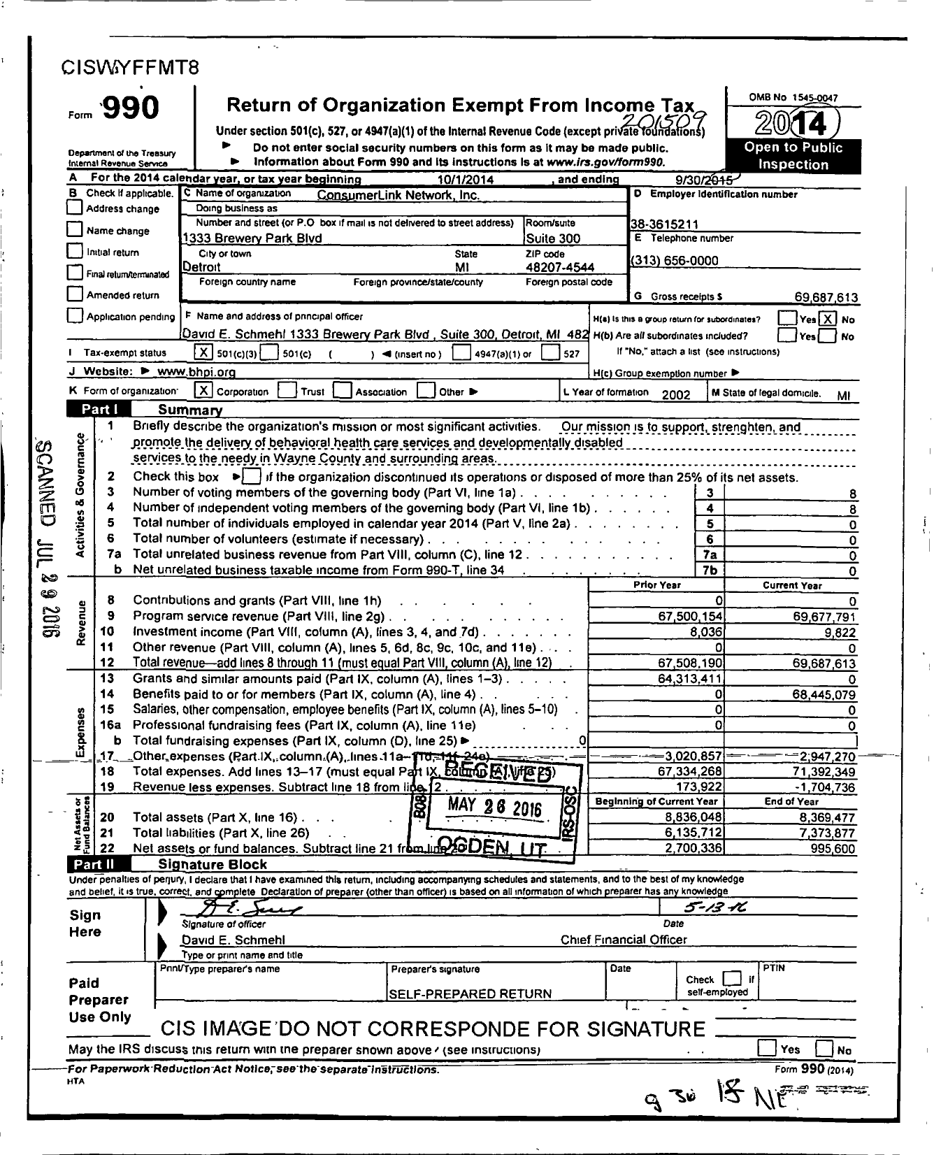 Image of first page of 2014 Form 990 for ConsumerLink Network