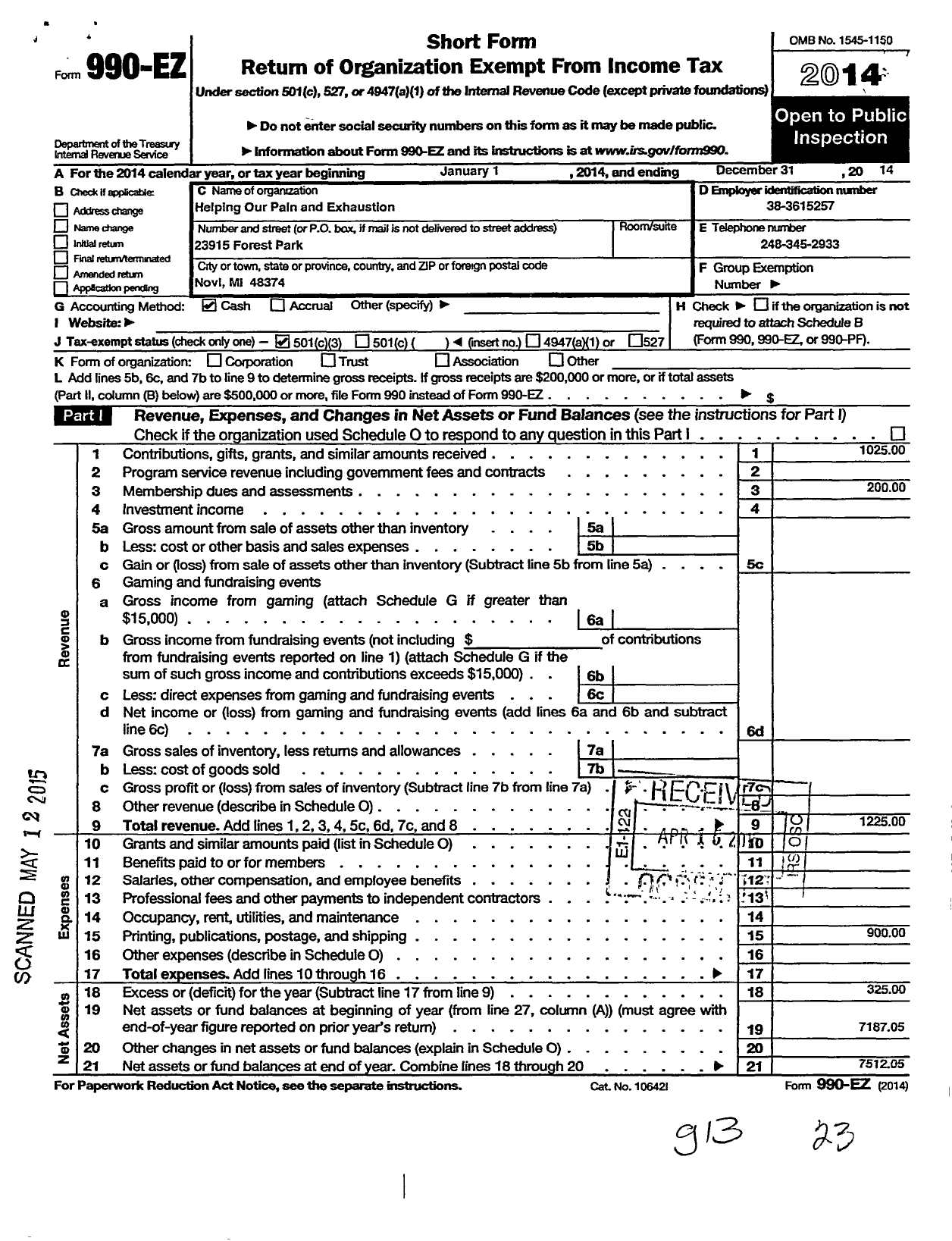 Image of first page of 2014 Form 990EZ for Helping Our Pain and Exhaustion