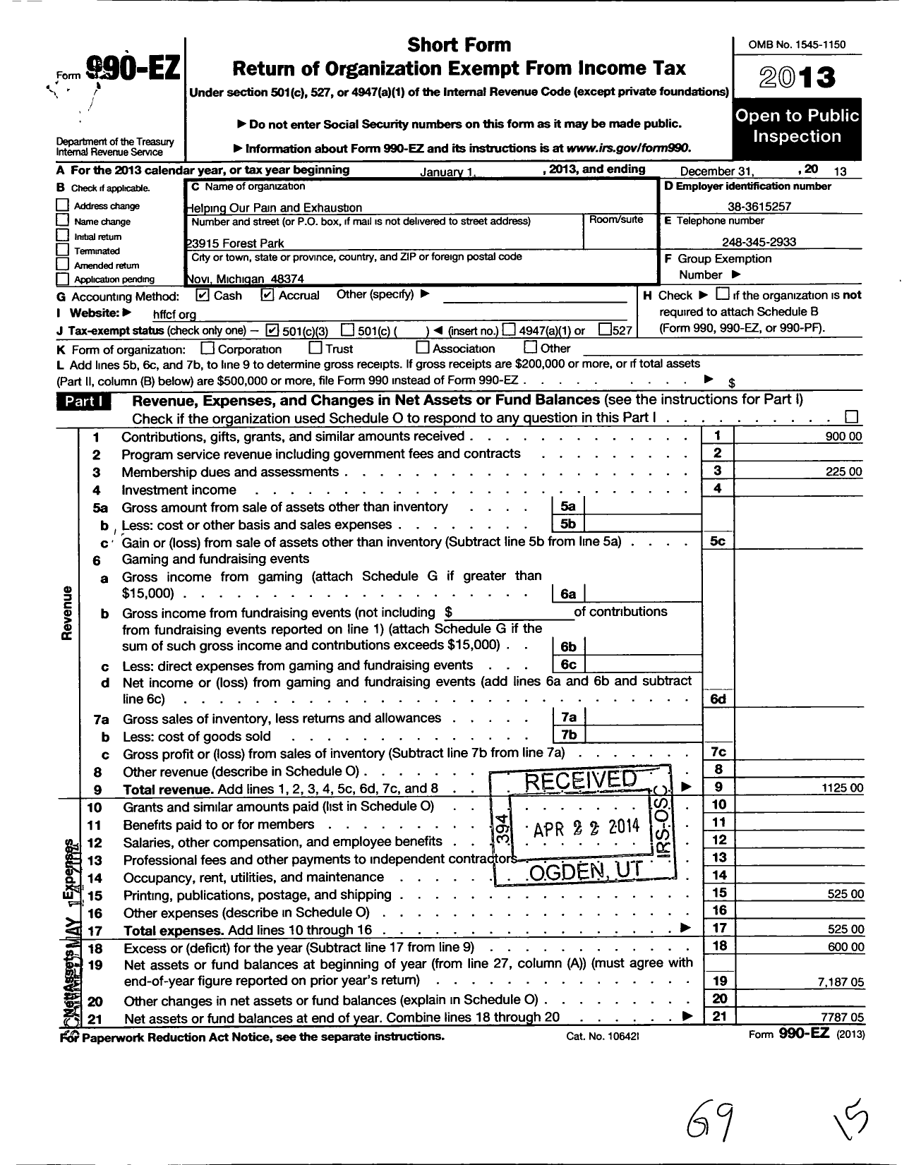 Image of first page of 2013 Form 990EZ for Helping Our Pain and Exhaustion