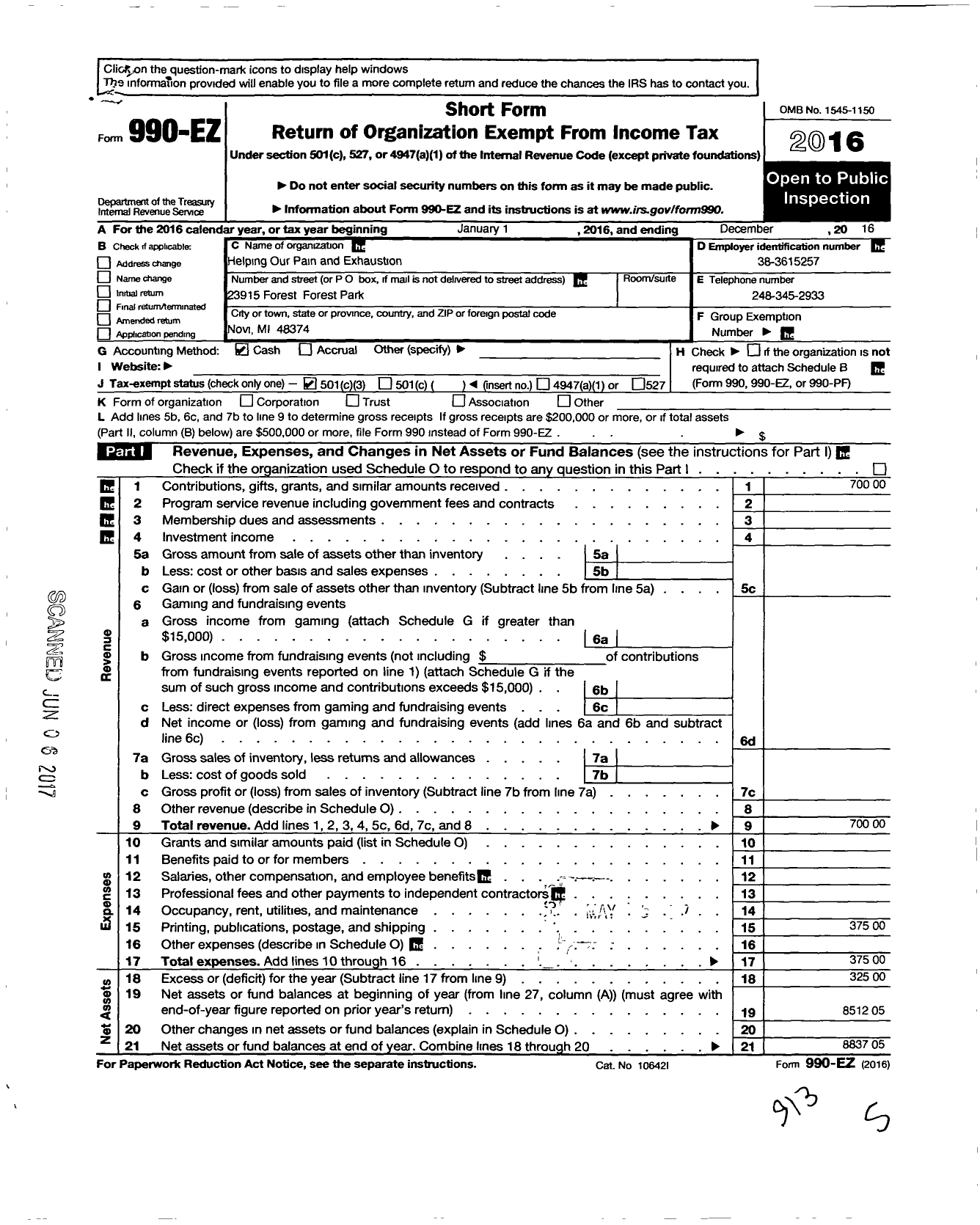 Image of first page of 2016 Form 990EZ for Helping Our Pain and Exhaustion